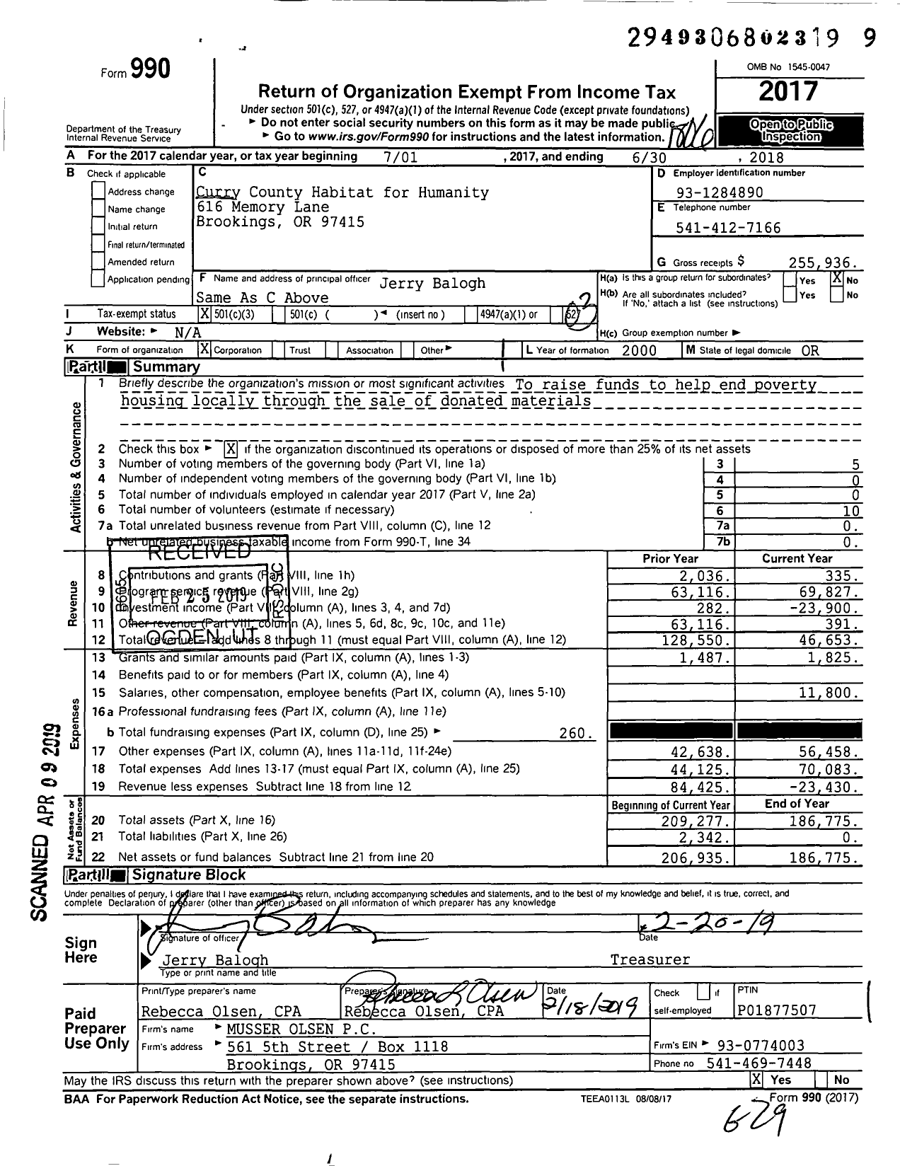 Image of first page of 2017 Form 990 for Habitat for Humanity - Curry County Habitat for Humanity