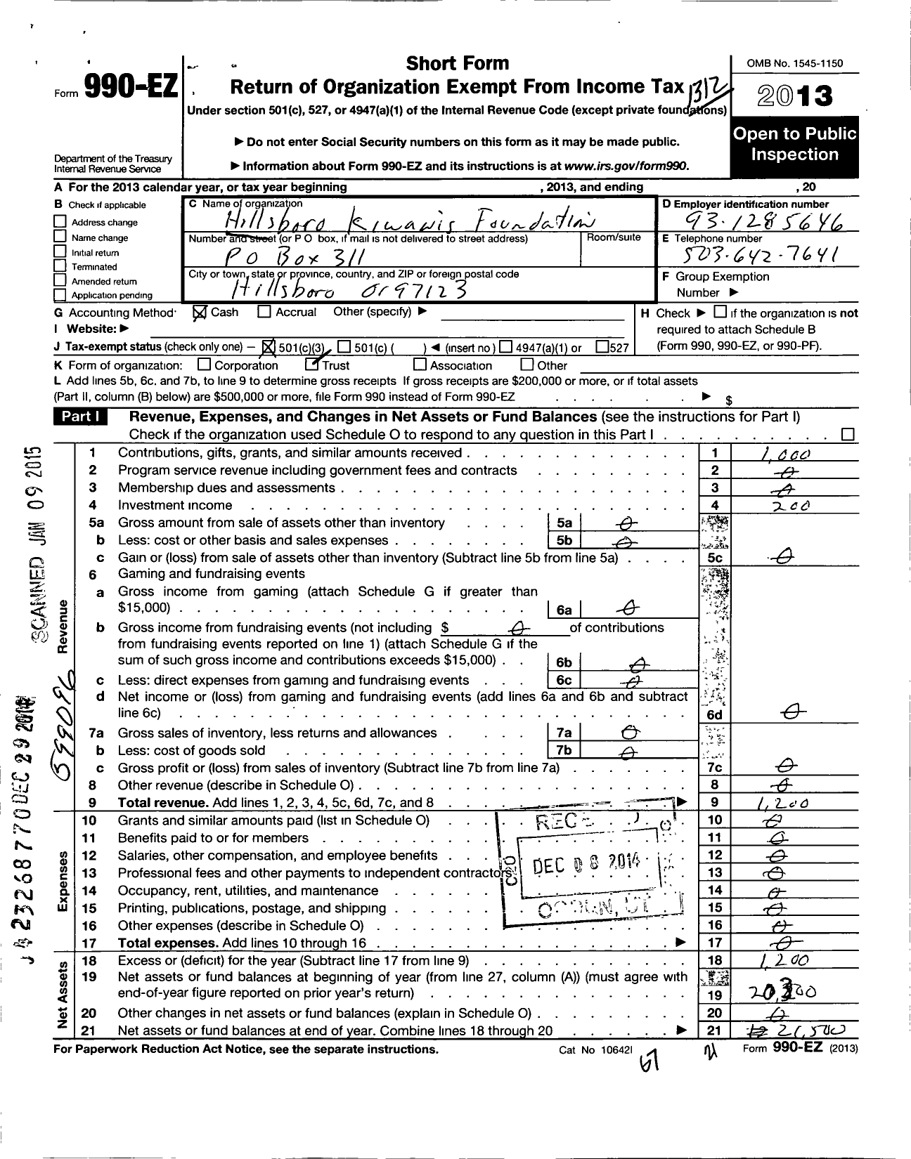 Image of first page of 2013 Form 990EZ for Hillsboro Kiwanis Foundation