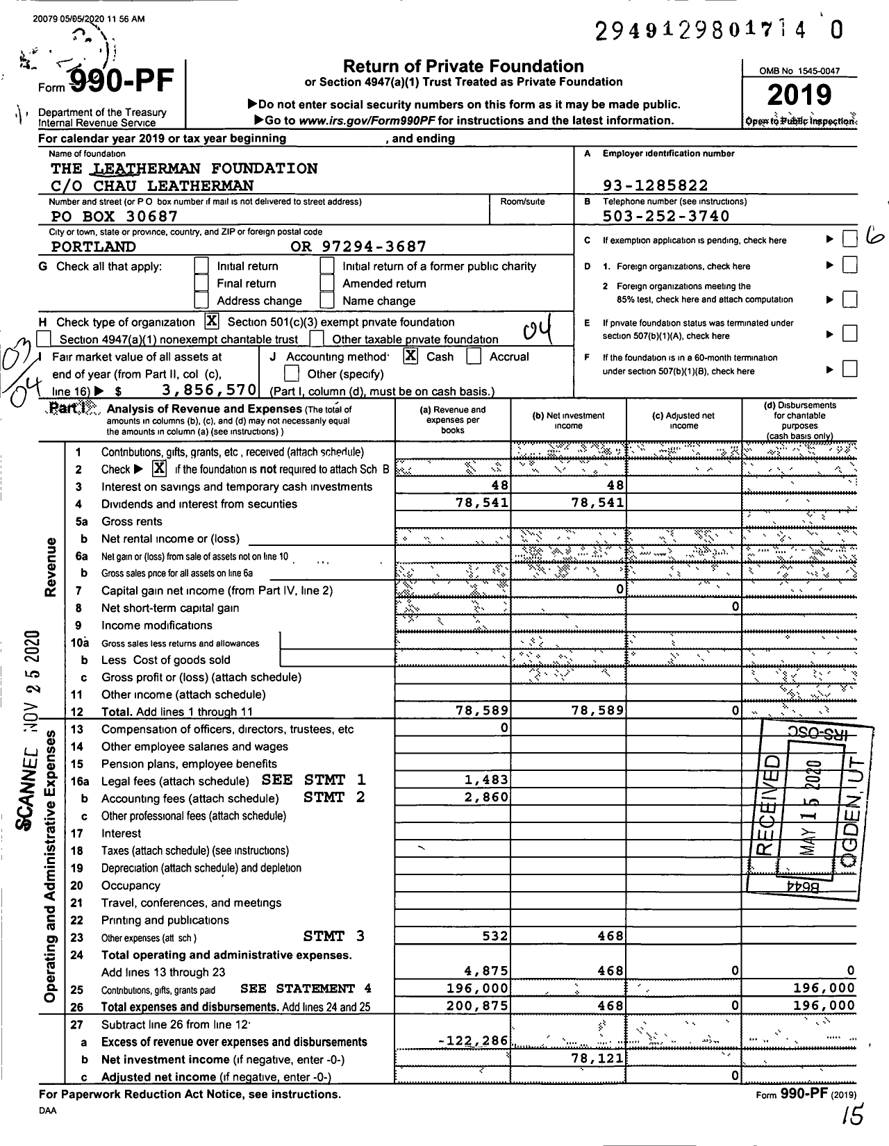 Image of first page of 2019 Form 990PF for The Leatherman Foundation