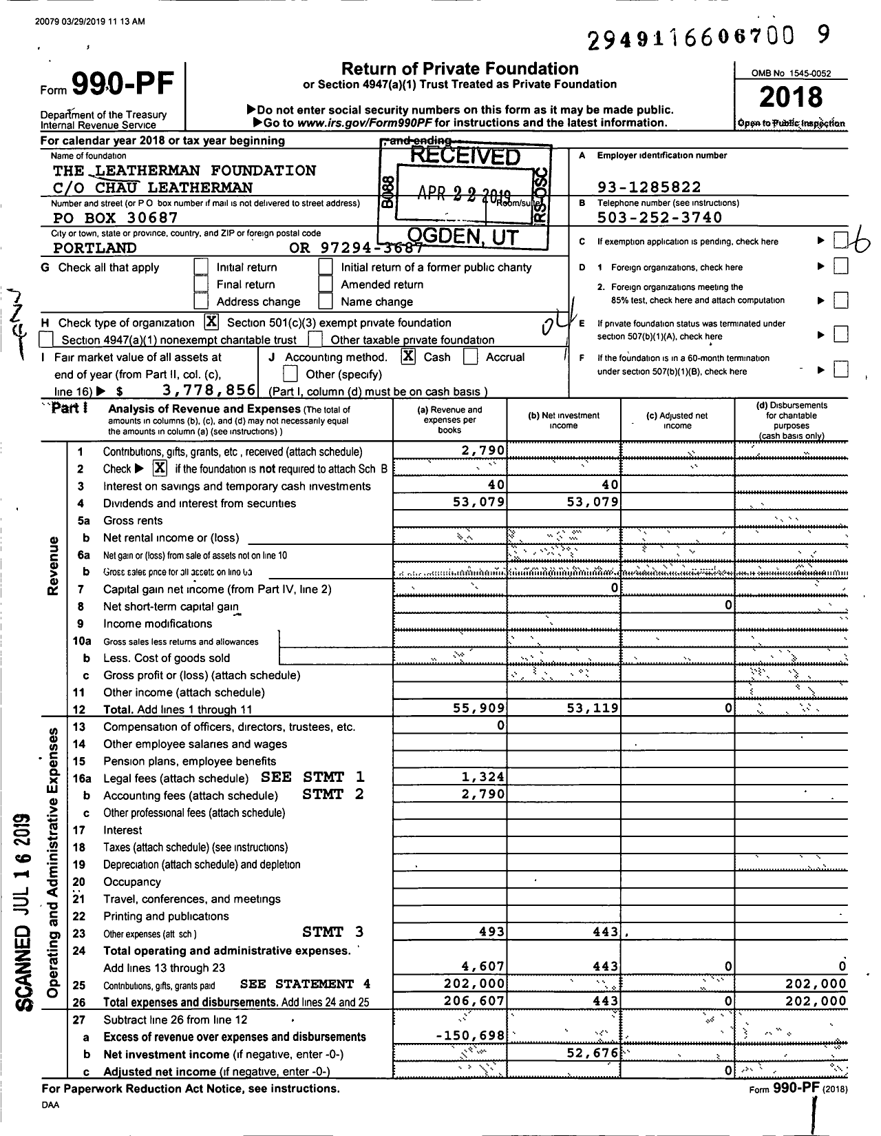 Image of first page of 2018 Form 990PF for The Leatherman Foundation