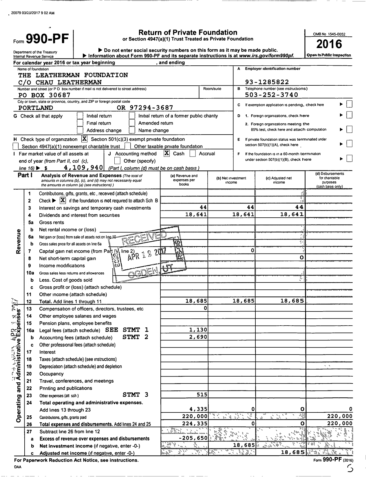 Image of first page of 2016 Form 990PF for The Leatherman Foundation