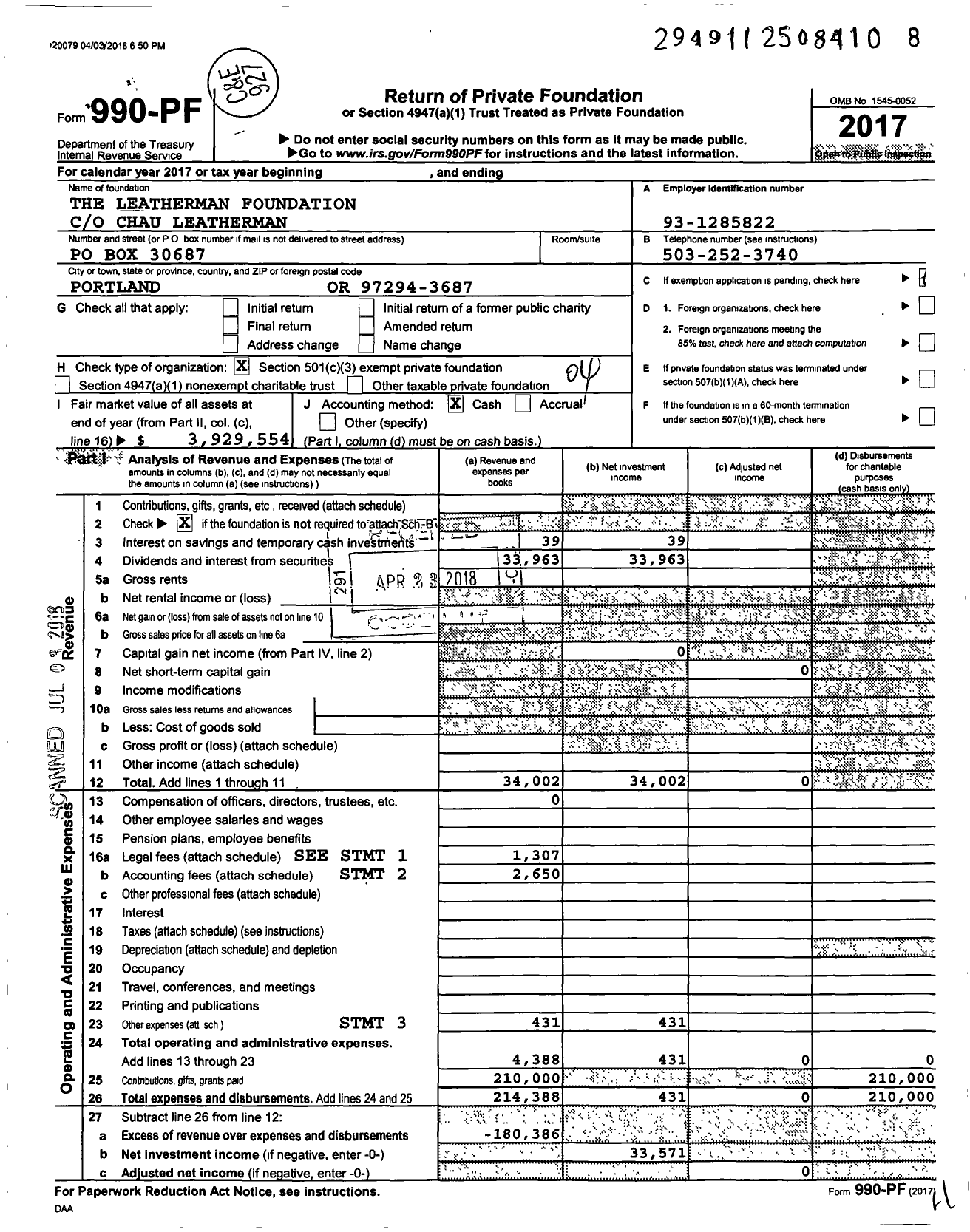 Image of first page of 2017 Form 990PF for The Leatherman Foundation
