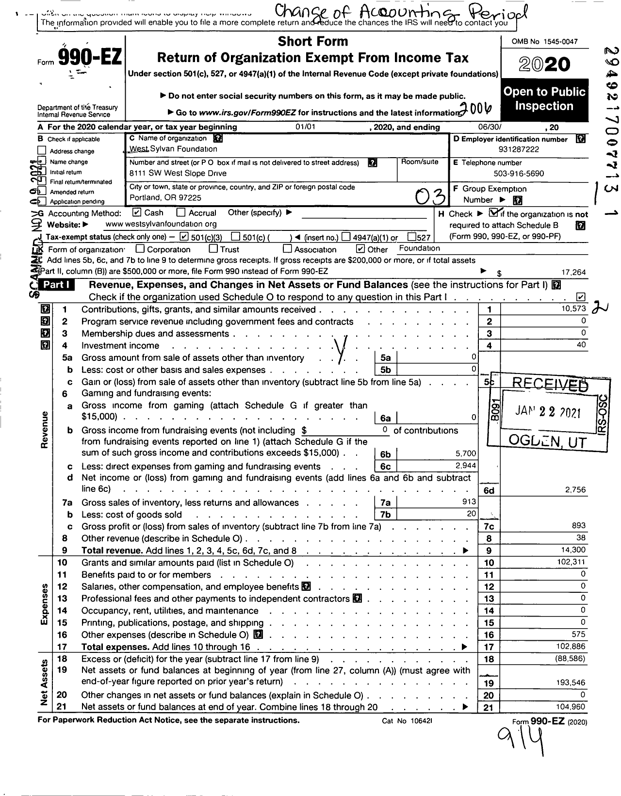 Image of first page of 2019 Form 990EZ for Friends of West Sylvan