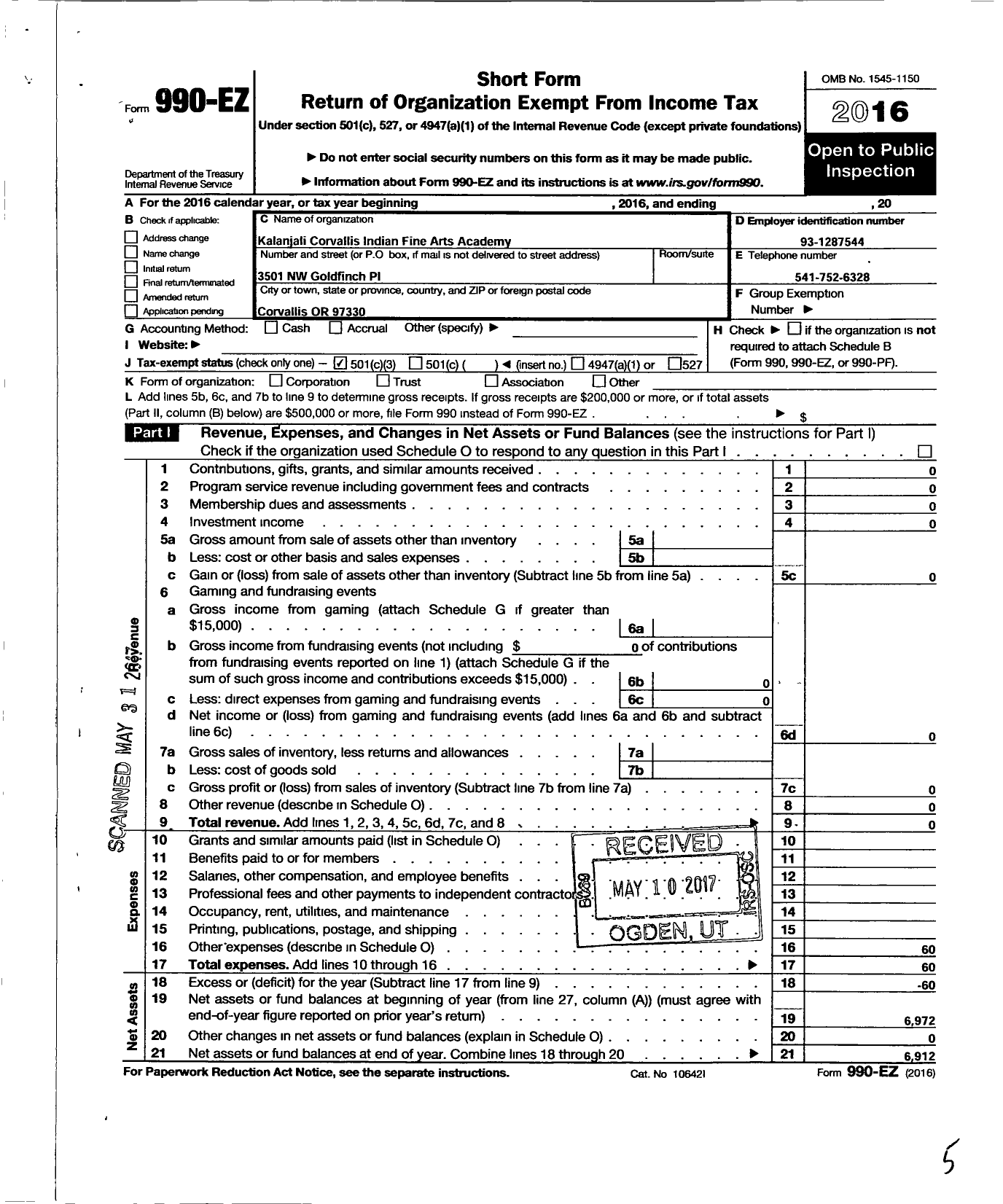 Image of first page of 2016 Form 990EZ for Kalanjali-Corvallis Indian Fine Arts Academy