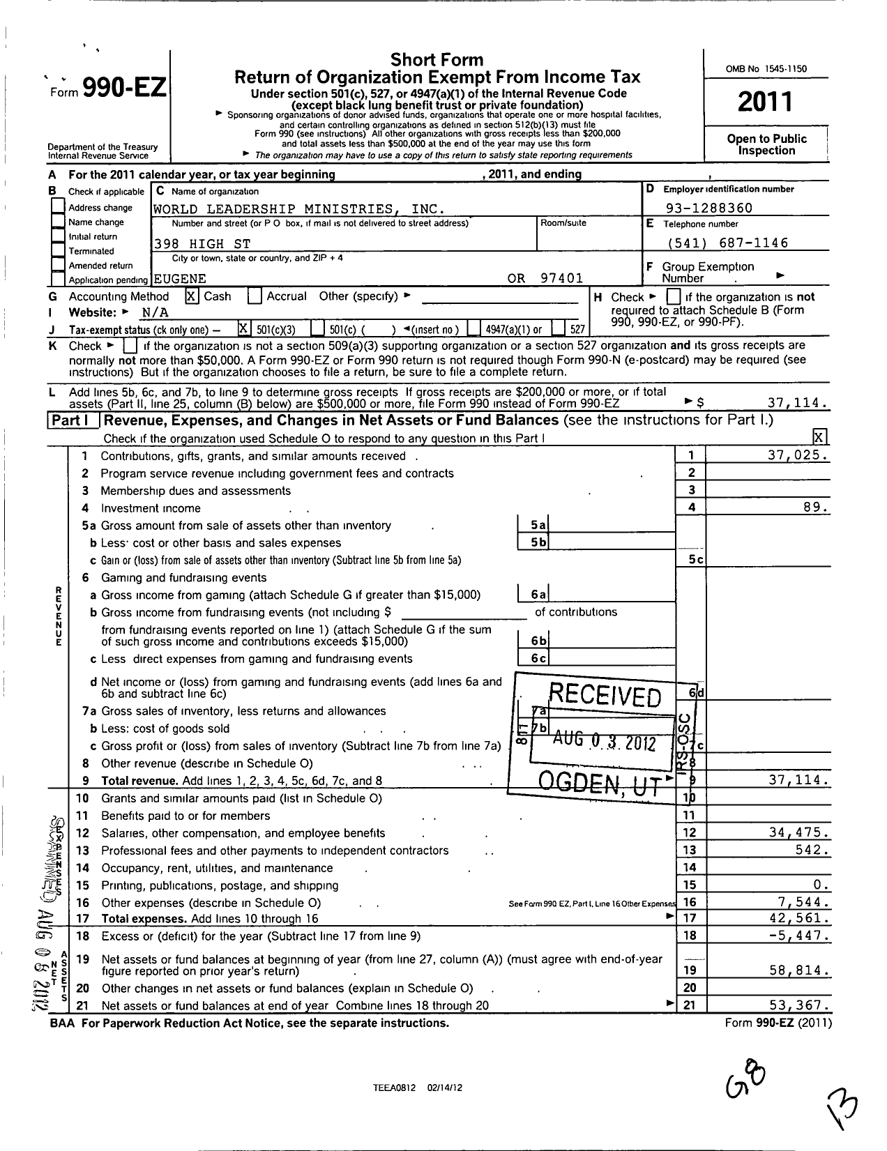 Image of first page of 2011 Form 990EZ for World Leadership Ministries