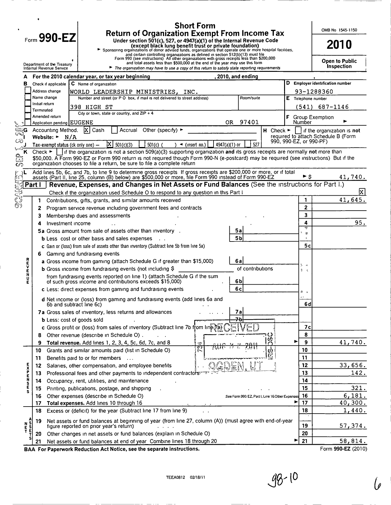 Image of first page of 2010 Form 990EZ for World Leadership Ministries