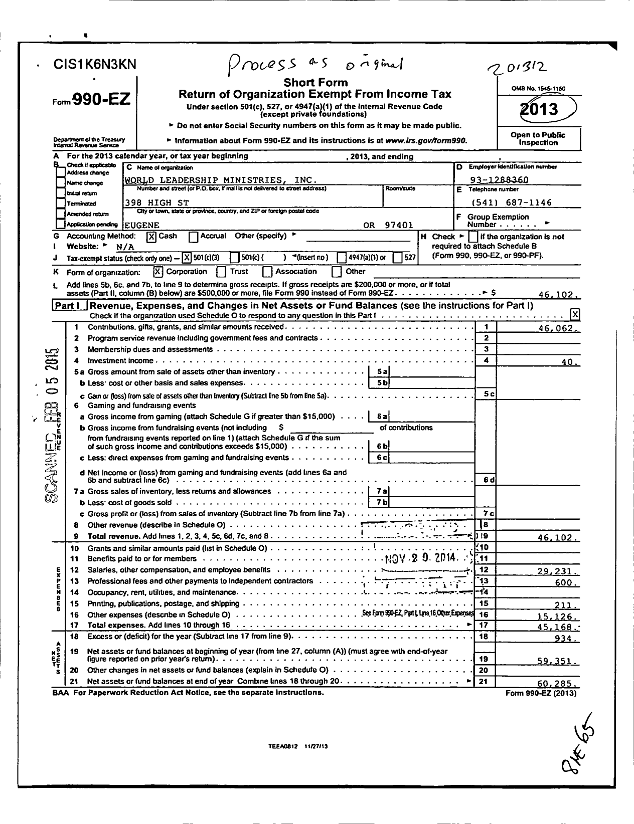 Image of first page of 2013 Form 990EZ for World Leadership Ministries