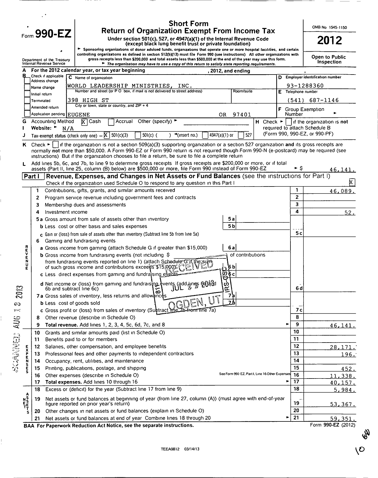 Image of first page of 2012 Form 990EZ for World Leadership Ministries