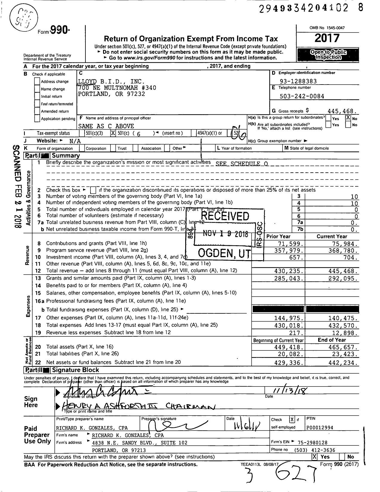 Image of first page of 2017 Form 990O for Lloyd Bid