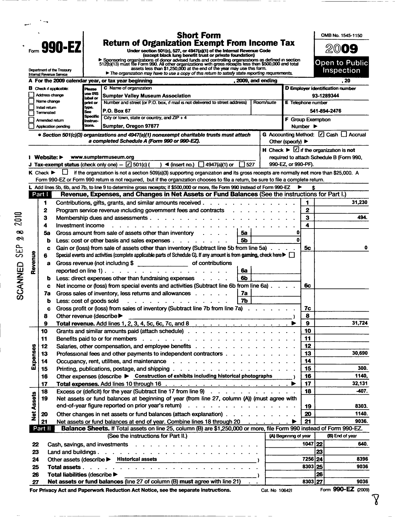 Image of first page of 2009 Form 990EO for Sumpter Valley Museum Association