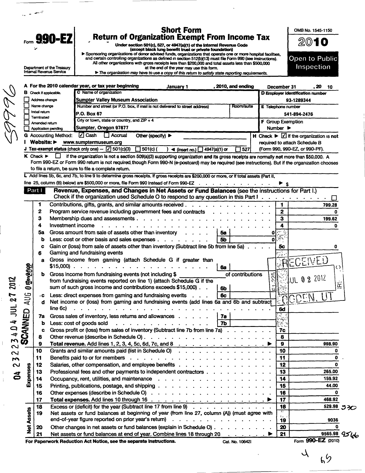 Image of first page of 2010 Form 990EZ for Sumpter Valley Museum Association