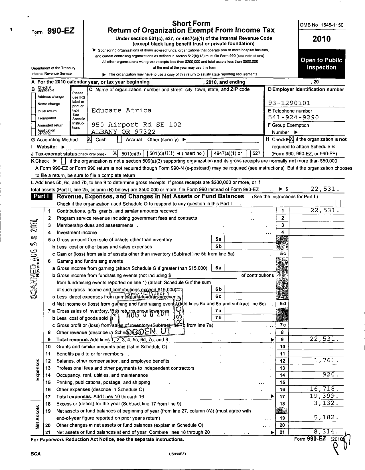 Image of first page of 2010 Form 990EZ for Educare Africa