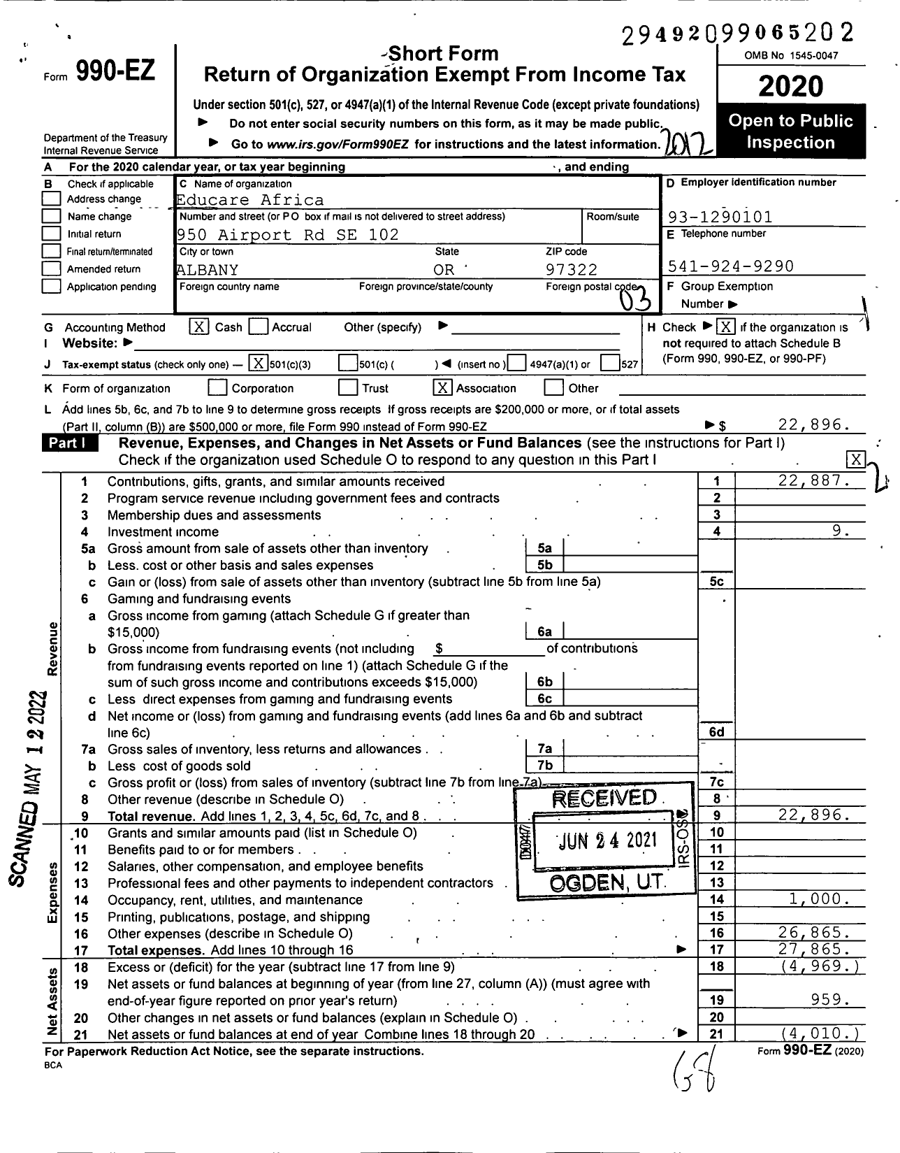 Image of first page of 2020 Form 990EZ for Educare Africa