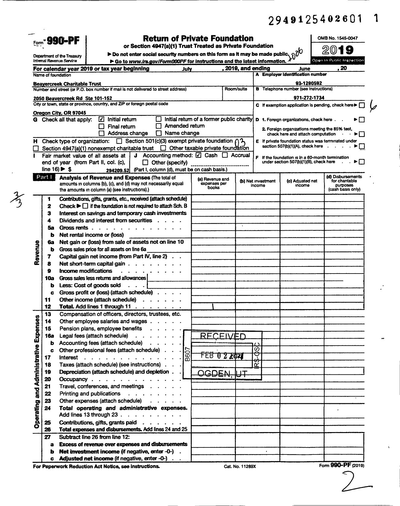 Image of first page of 2019 Form 990PF for Beavercreek Charitable Trust