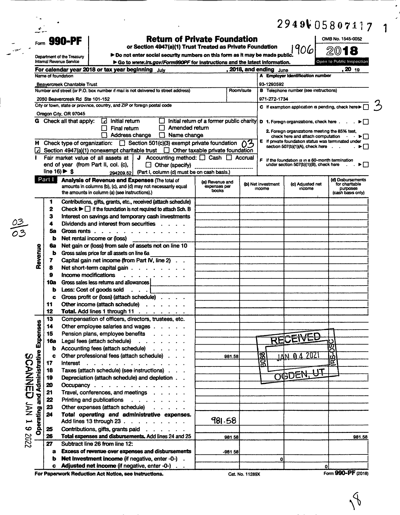 Image of first page of 2018 Form 990PF for Beavercreek Charitable Trust