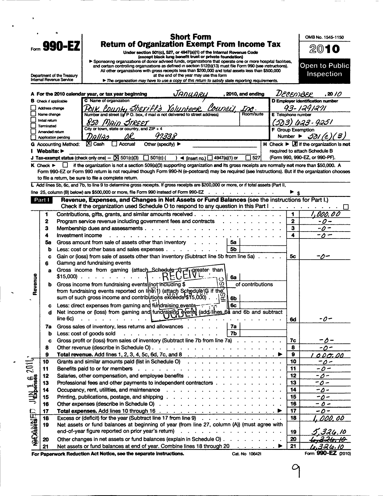 Image of first page of 2010 Form 990EZ for Polk County Sheriffs Volunteer Council