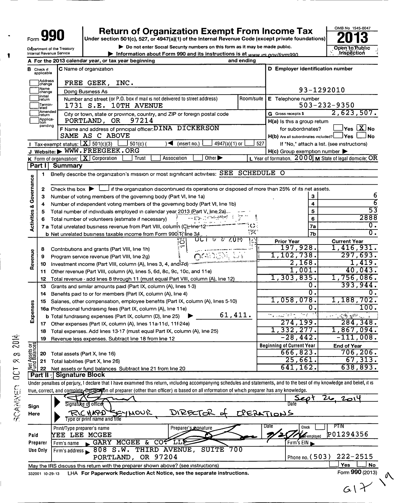 Image of first page of 2013 Form 990 for Free Geek