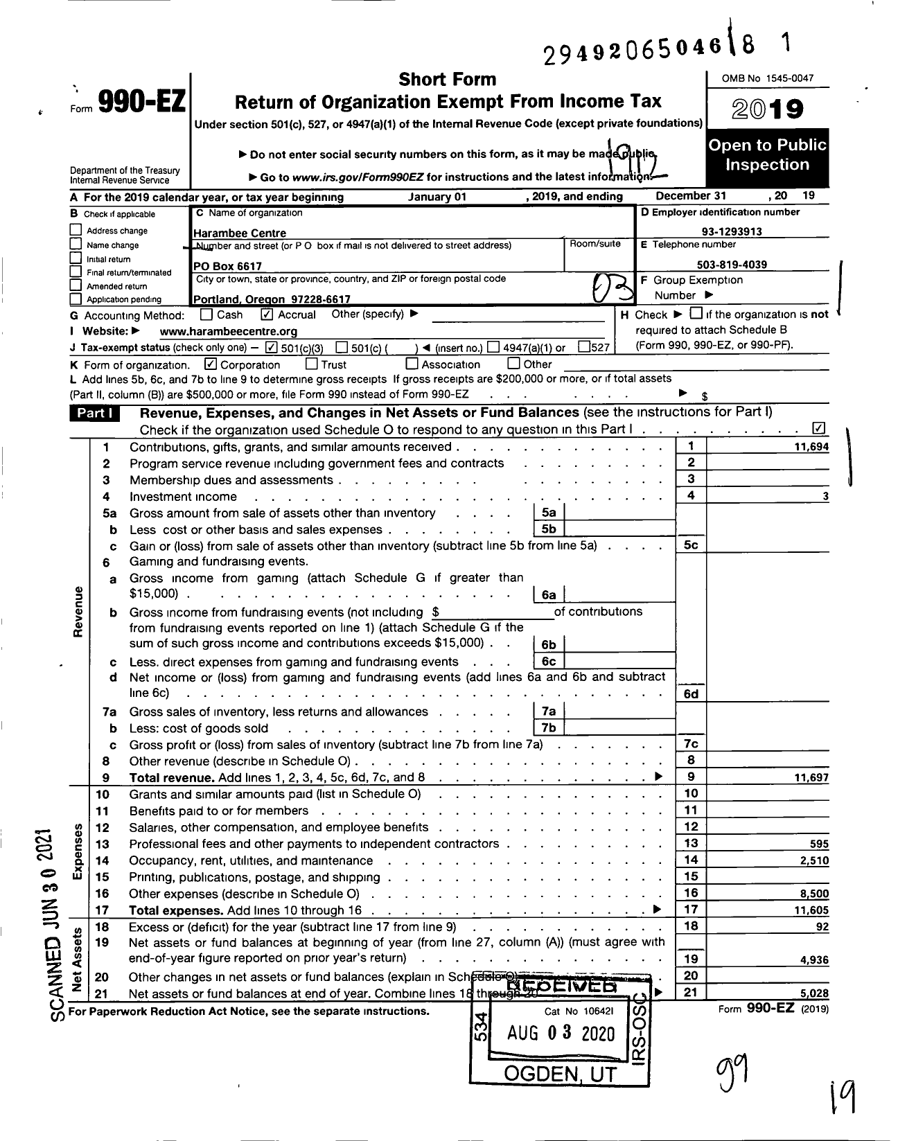 Image of first page of 2019 Form 990EZ for Harambee Centre