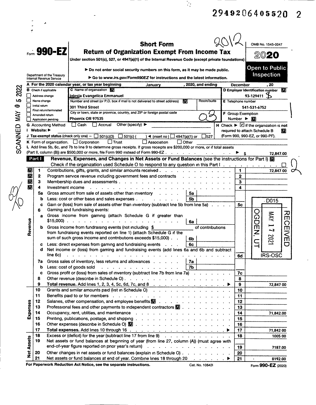 Image of first page of 2020 Form 990EZ for Iglesia Evangelica Emmanuel