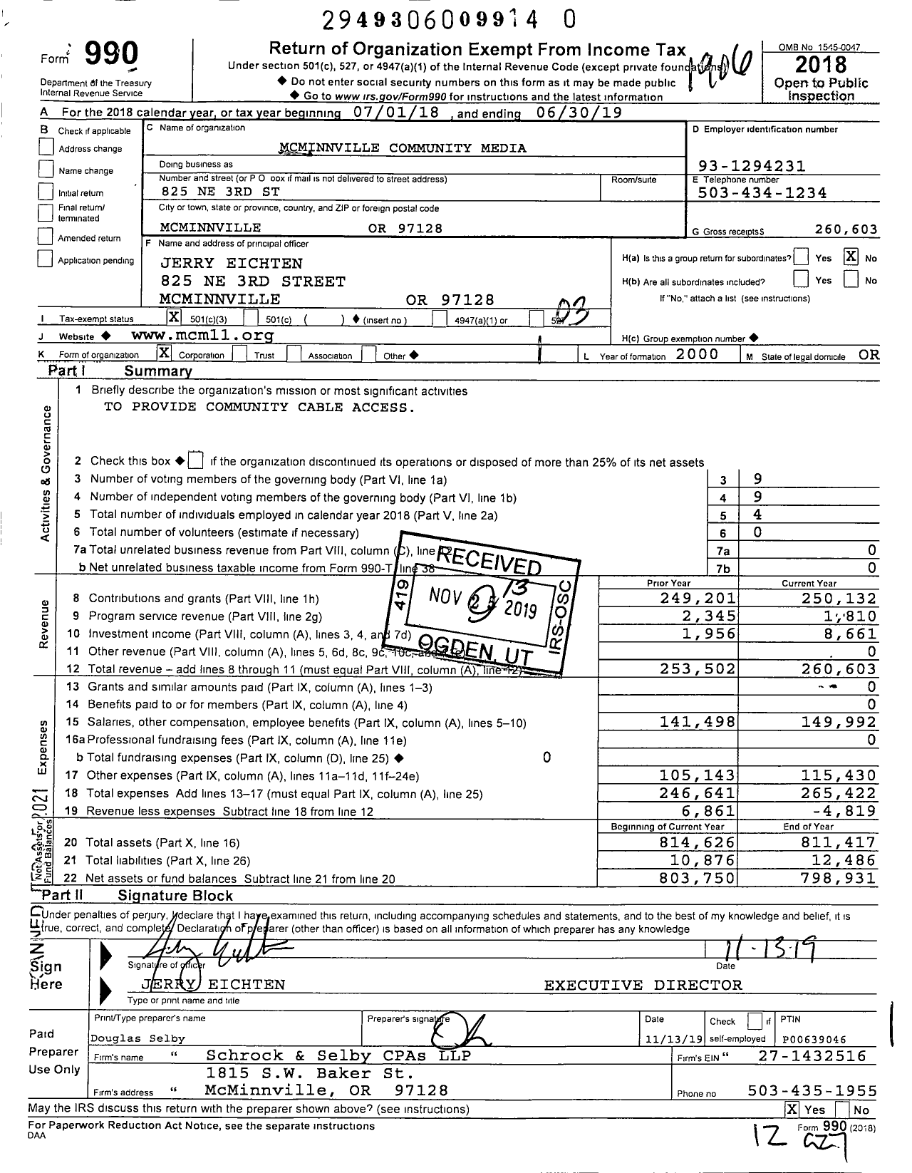 Image of first page of 2018 Form 990 for Mcminnville Community Media