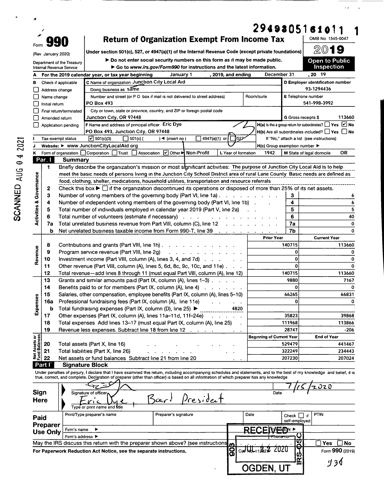 Image of first page of 2019 Form 990 for Junction City Local Aid