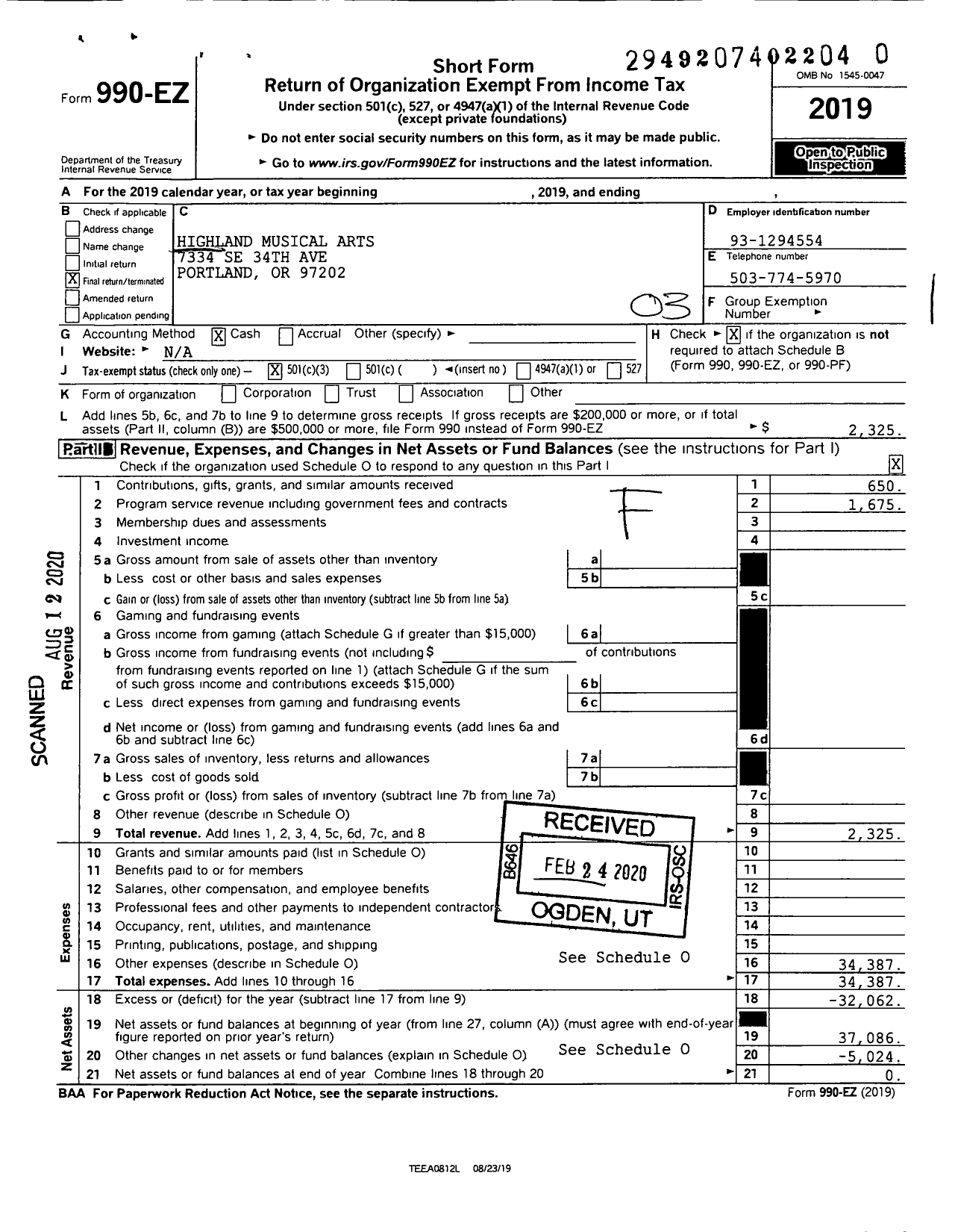 Image of first page of 2019 Form 990EZ for Highland Musical Arts