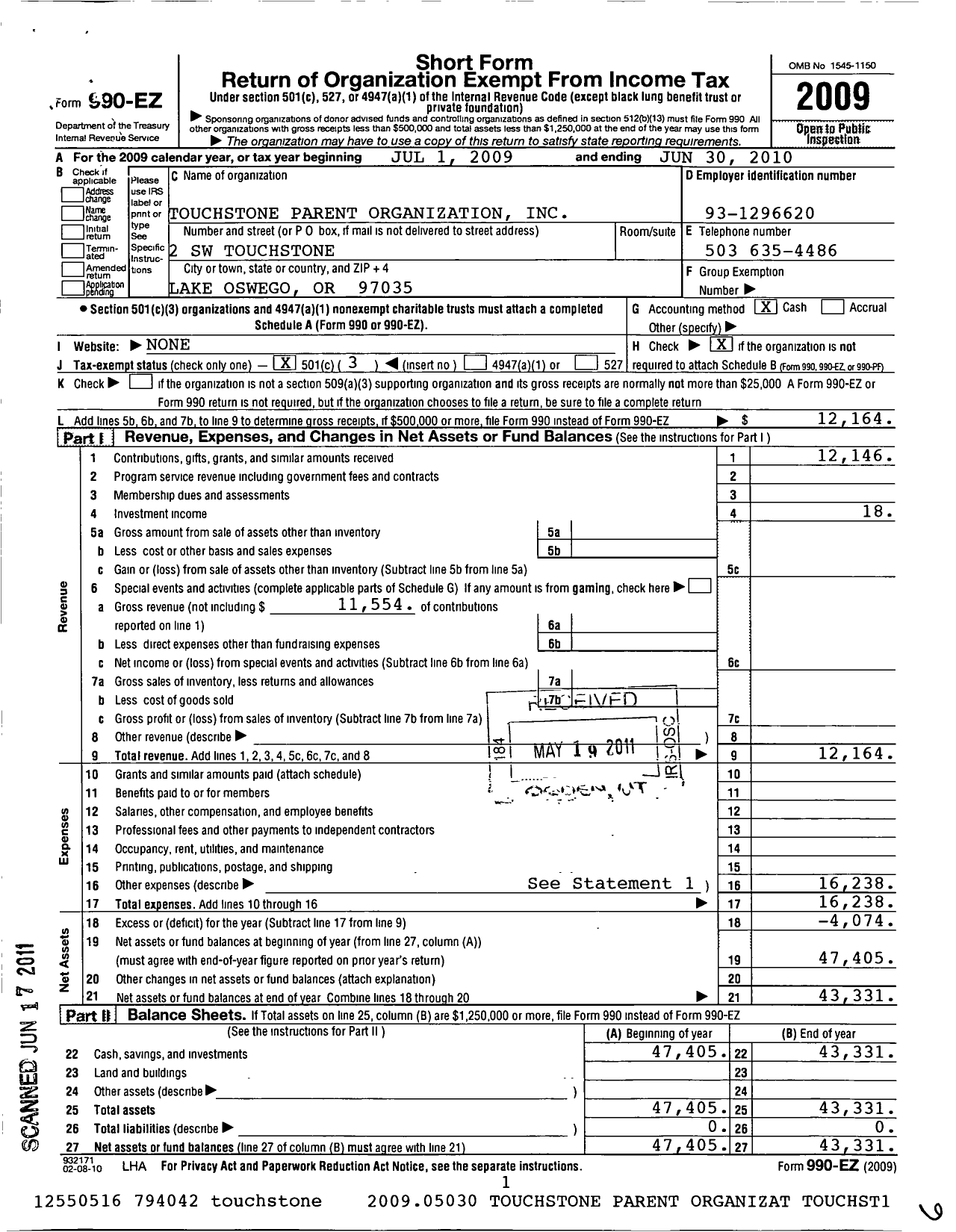 Image of first page of 2009 Form 990EZ for Touchstone Parent Organization