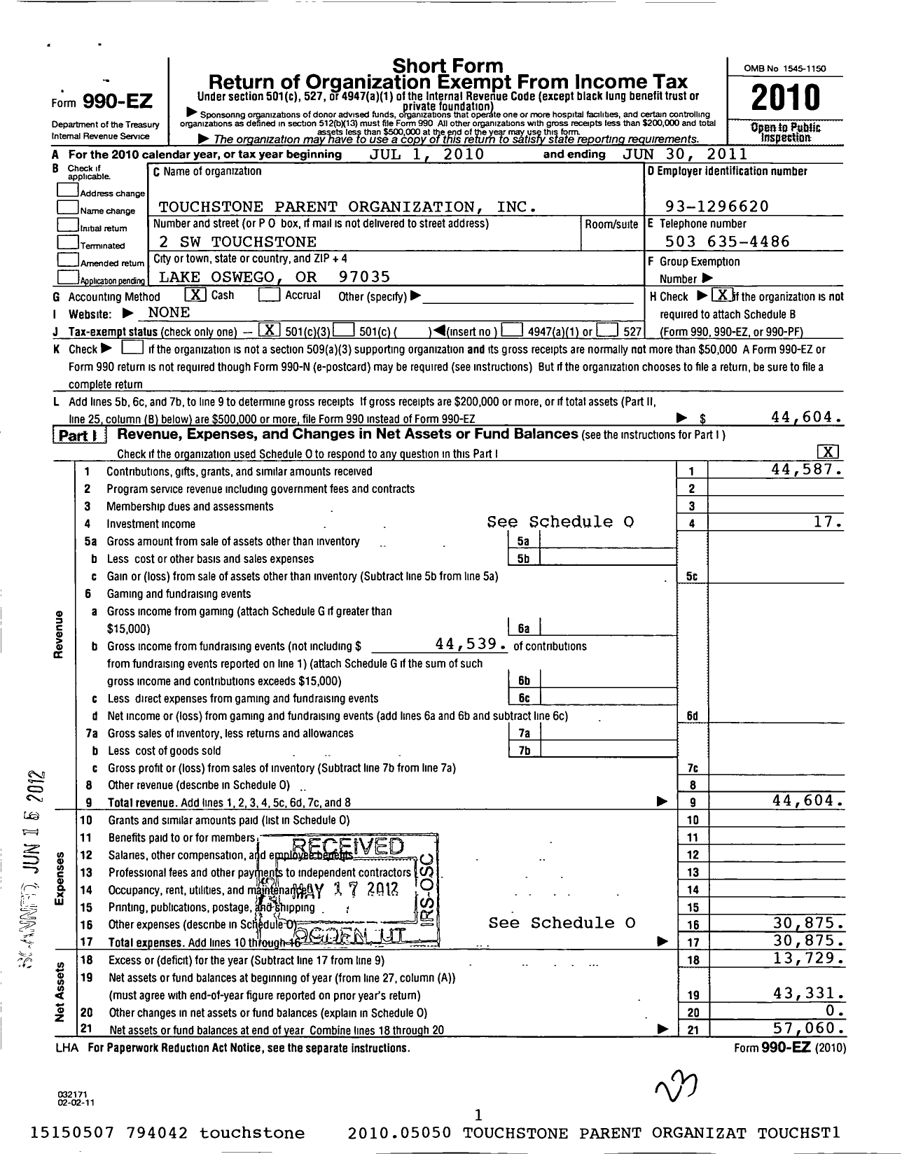 Image of first page of 2010 Form 990EZ for Touchstone Parent Organization