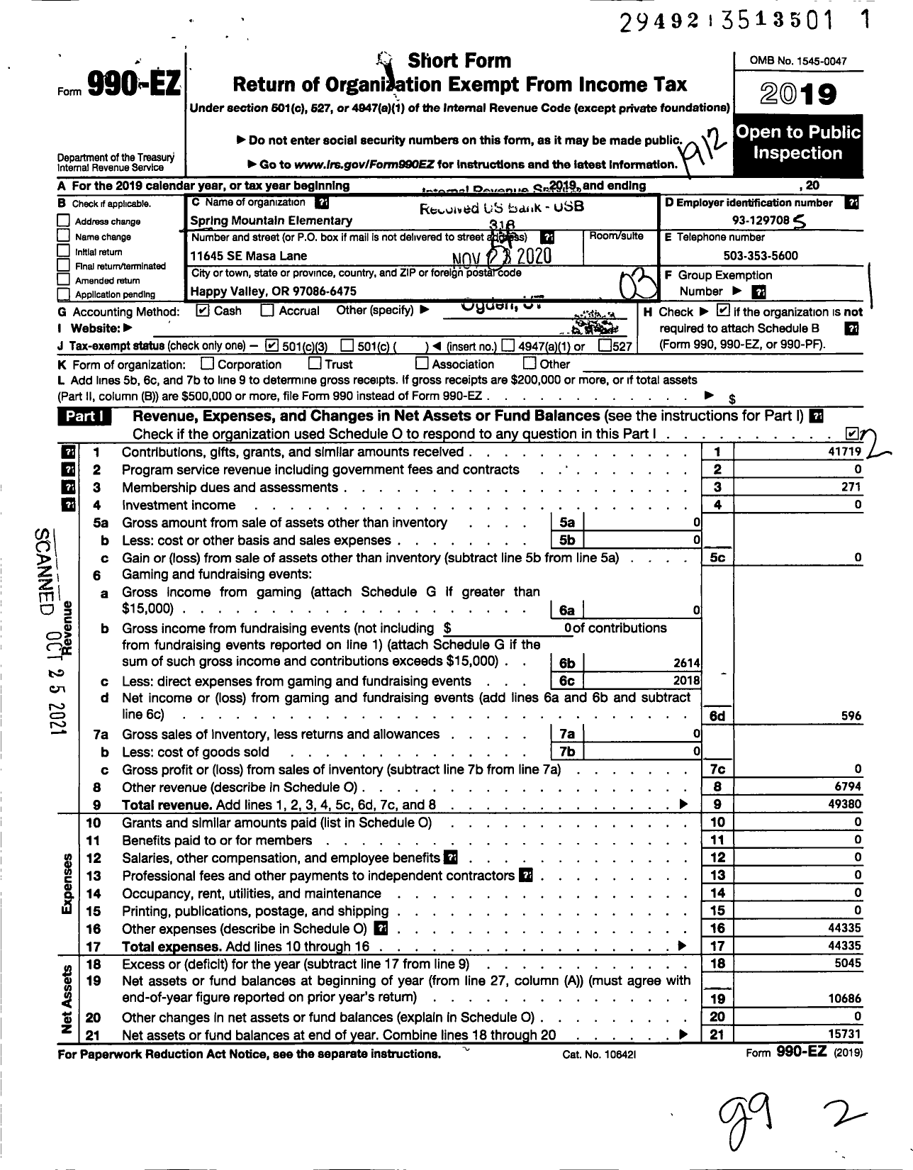 Image of first page of 2019 Form 990EZ for PTA Oregon Congress / Spring Mountain Elem PTA