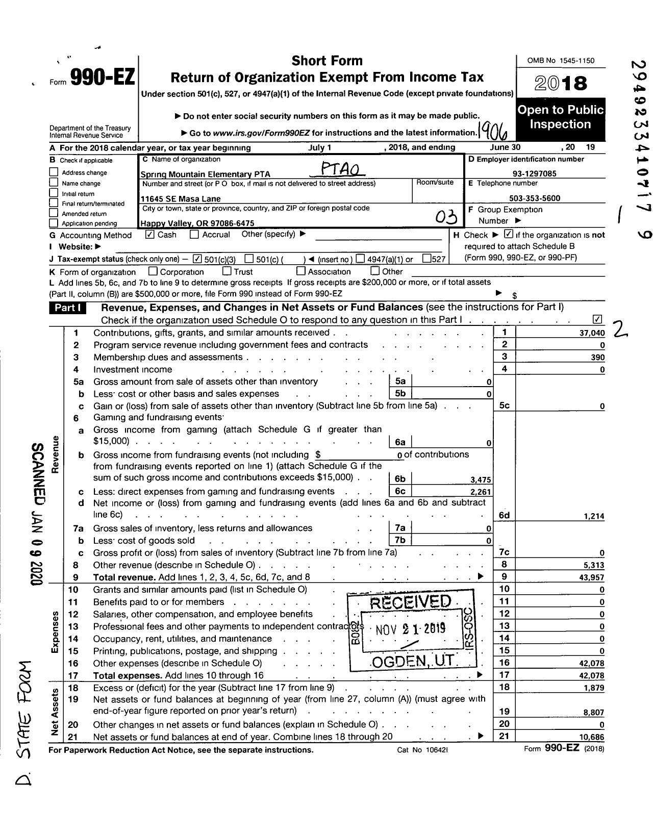 Image of first page of 2018 Form 990EZ for PTA Oregon Congress / Spring Mountain Elem PTA