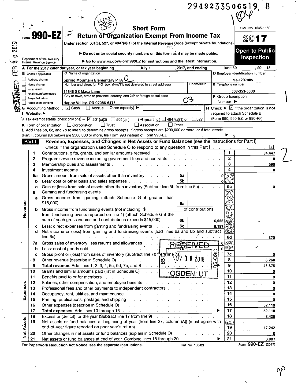 Image of first page of 2017 Form 990EZ for PTA Oregon Congress / Spring Mountain Elem PTA