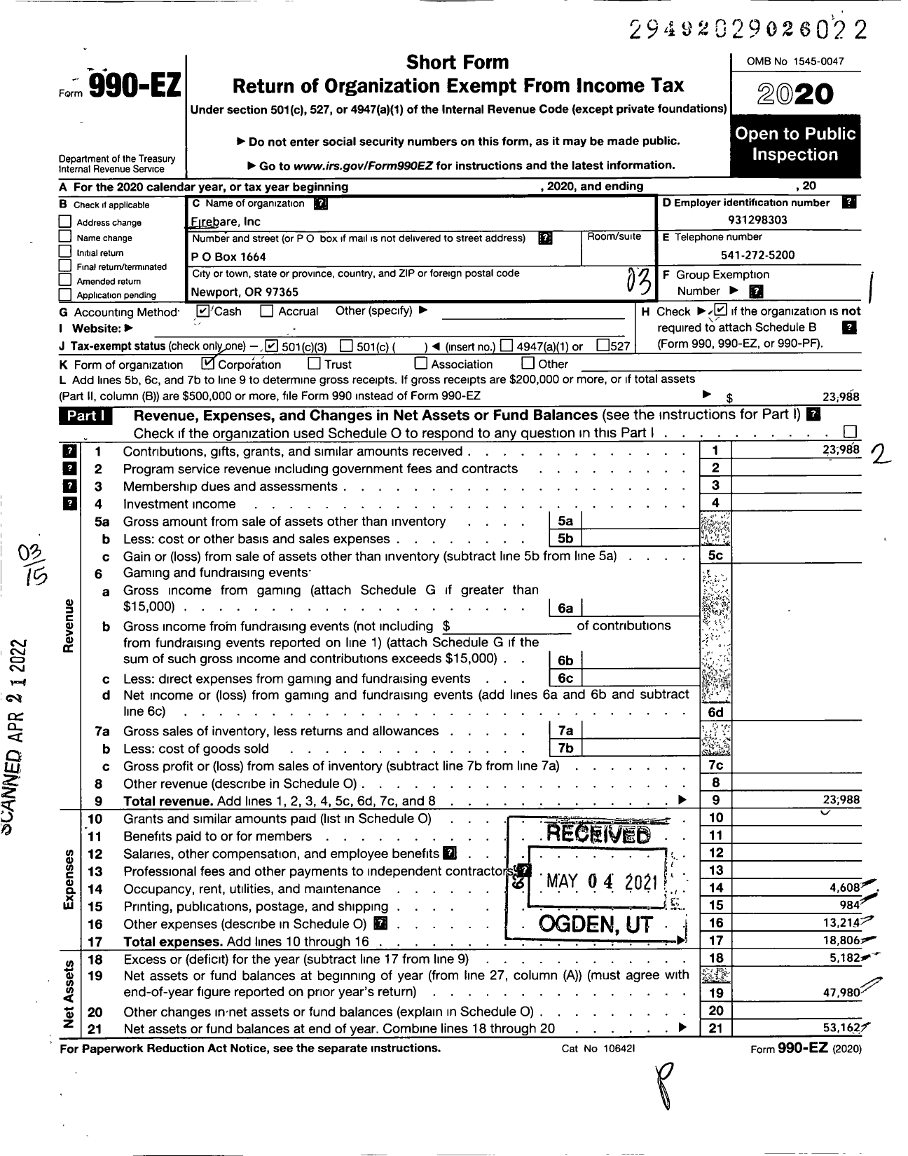 Image of first page of 2020 Form 990EZ for Firebare