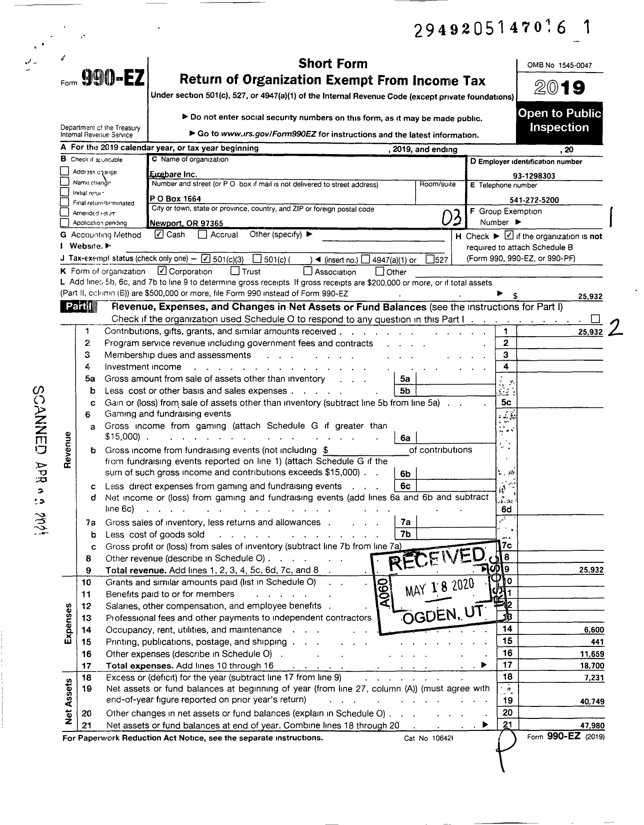 Image of first page of 2019 Form 990EZ for Firebare