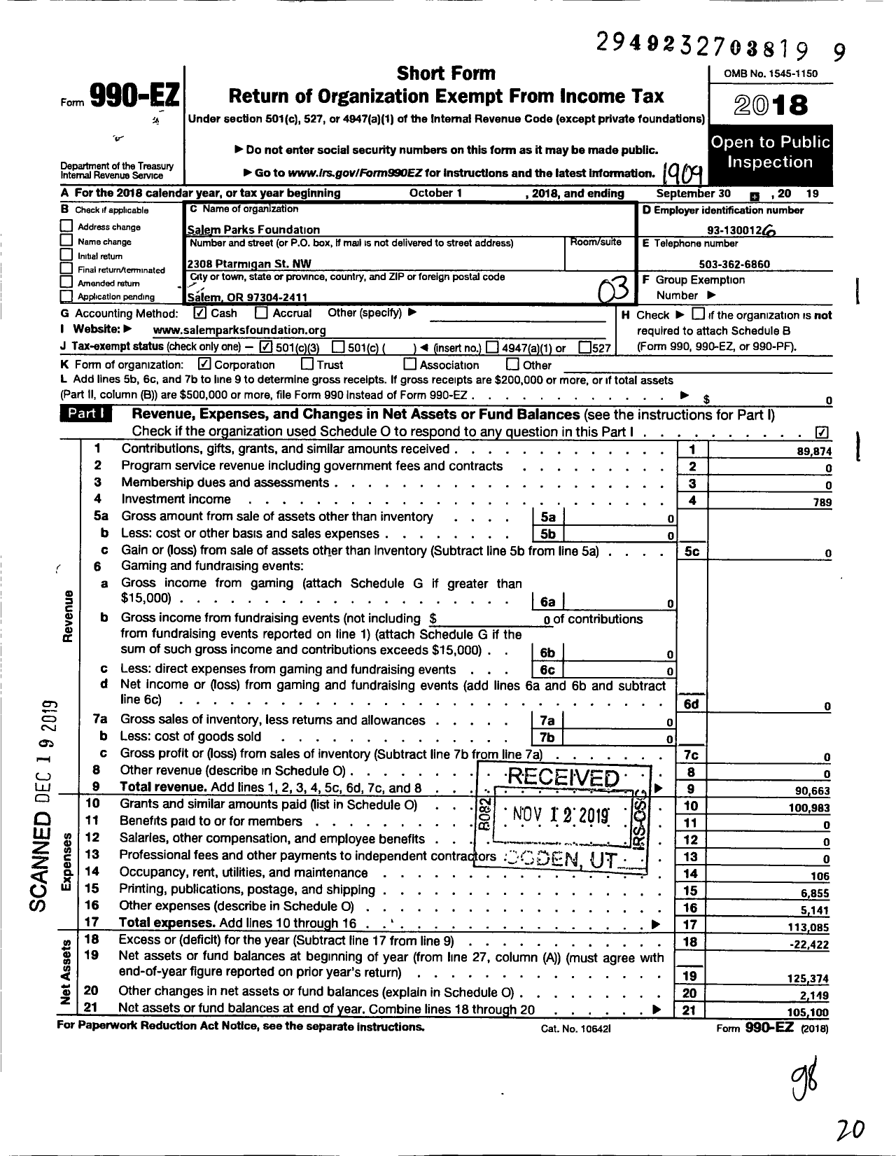 Image of first page of 2018 Form 990EZ for Salem Parks Foundation