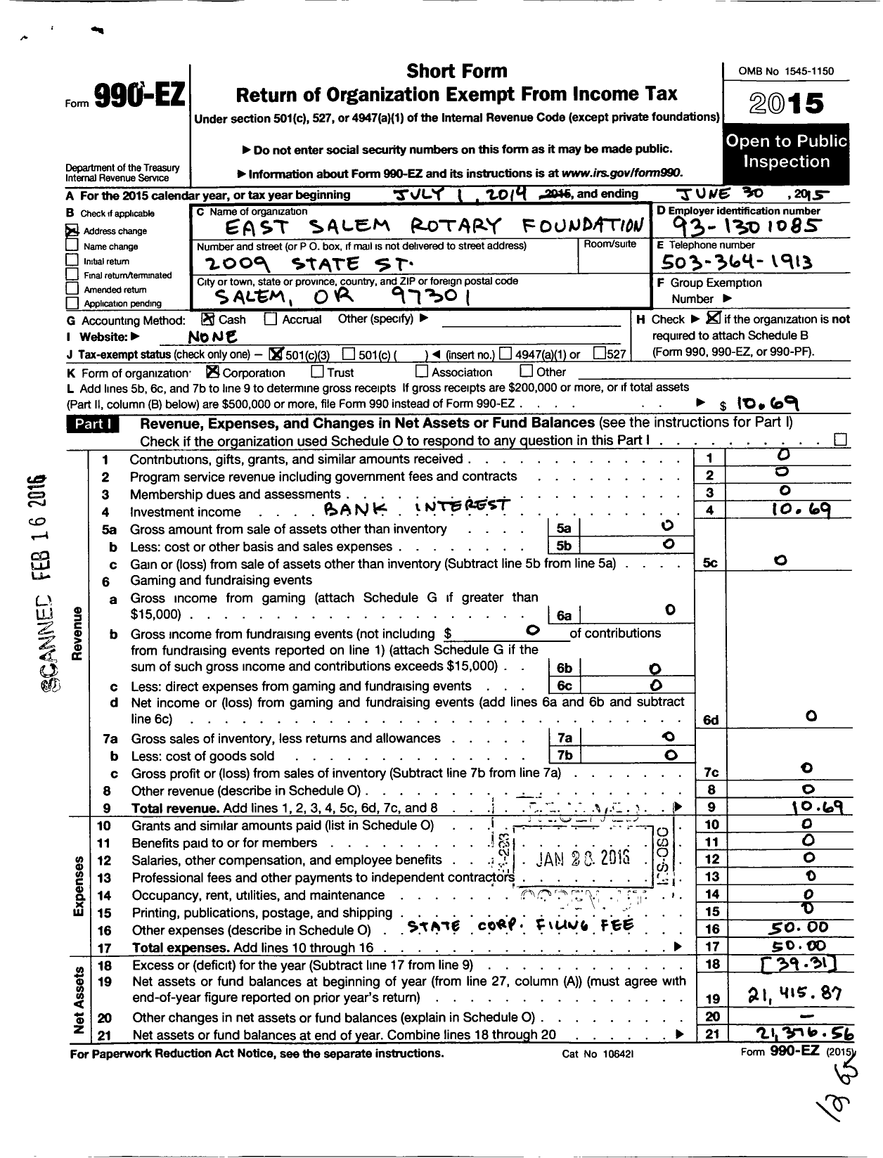 Image of first page of 2014 Form 990EZ for East Salem Rotary Foundation