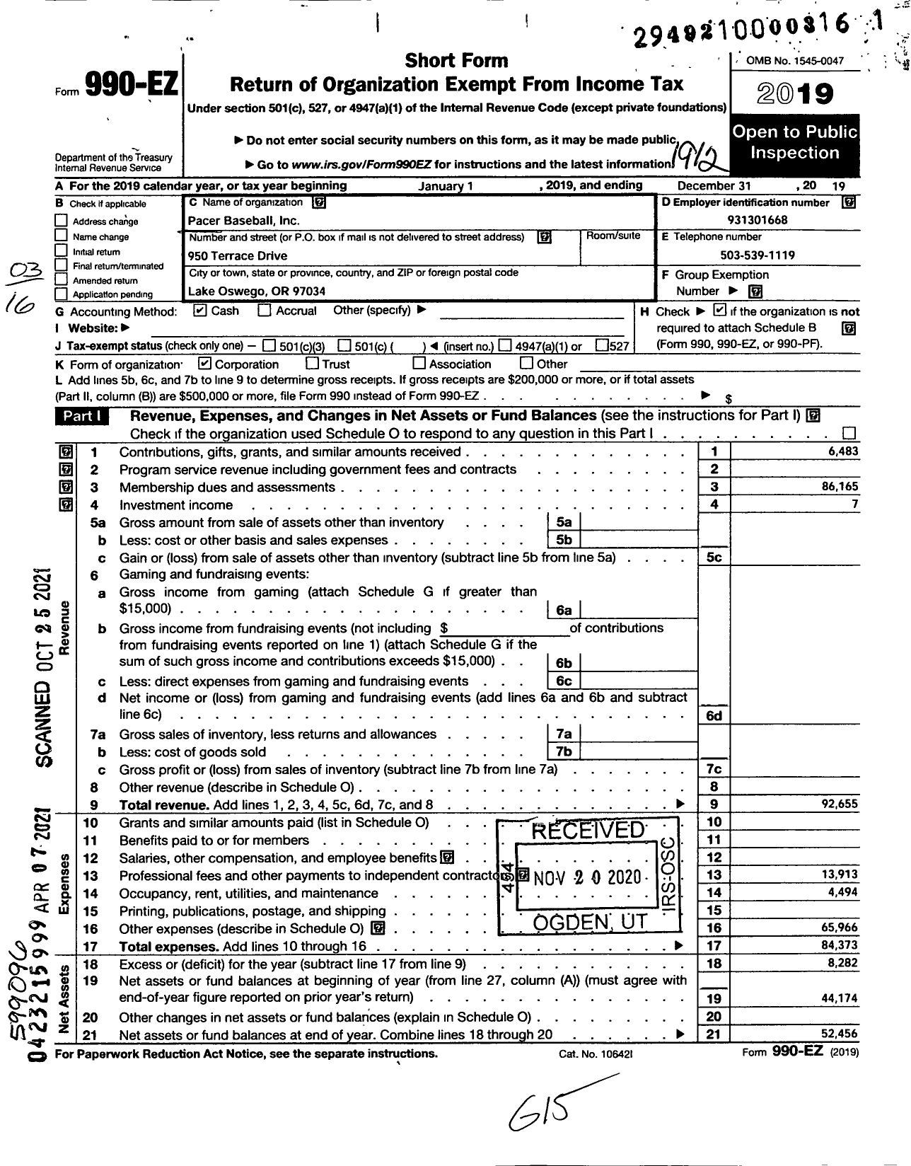 Image of first page of 2019 Form 990EZ for Pacer Baseball Club