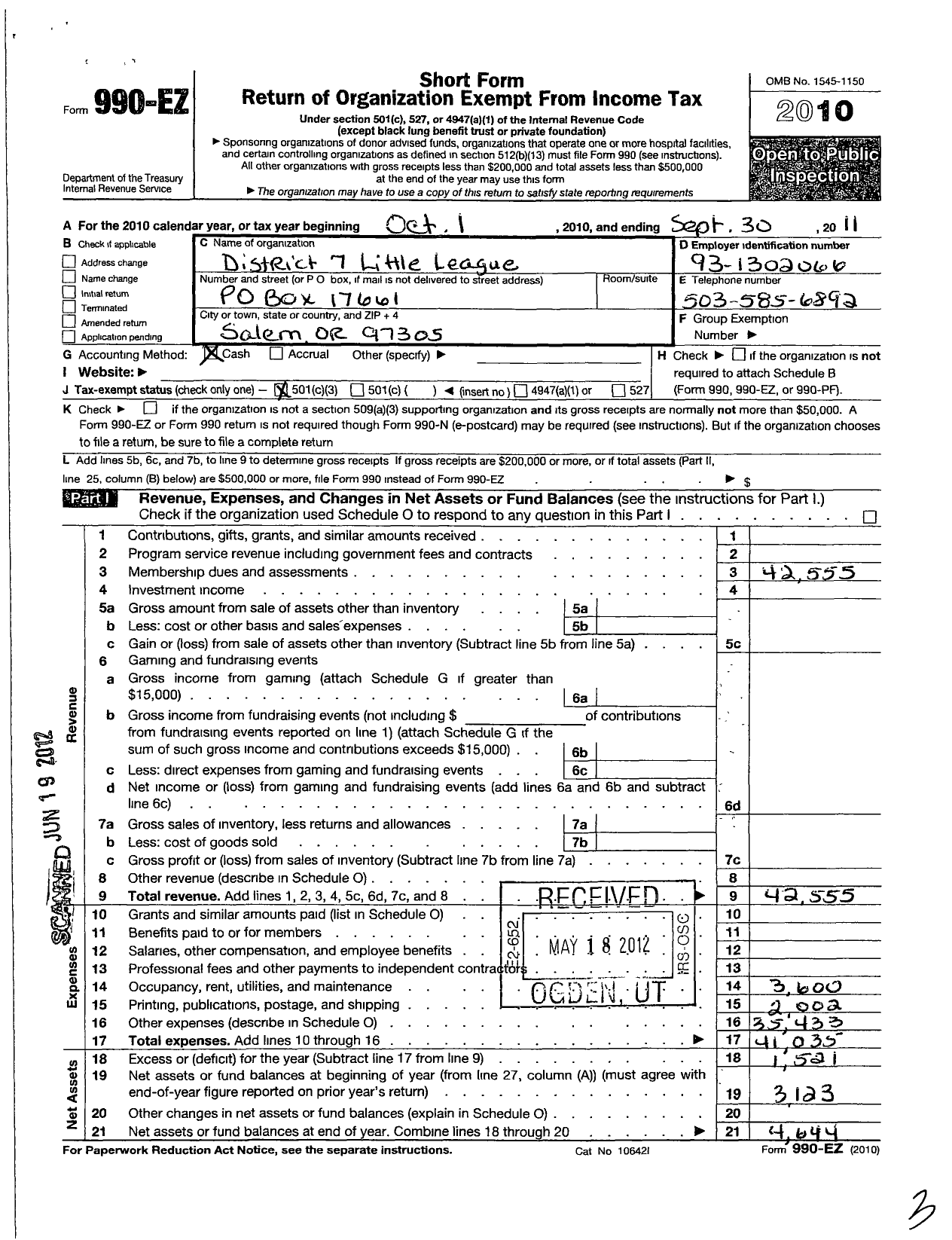 Image of first page of 2010 Form 990EZ for Little League Baseball - 4370700 Cari Buchholz