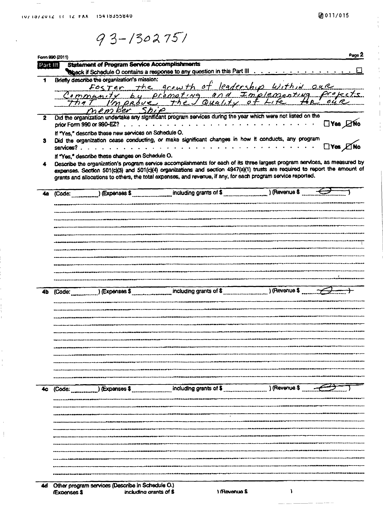 Image of first page of 2011 Form 990R for Fern Ridge Community Partnership