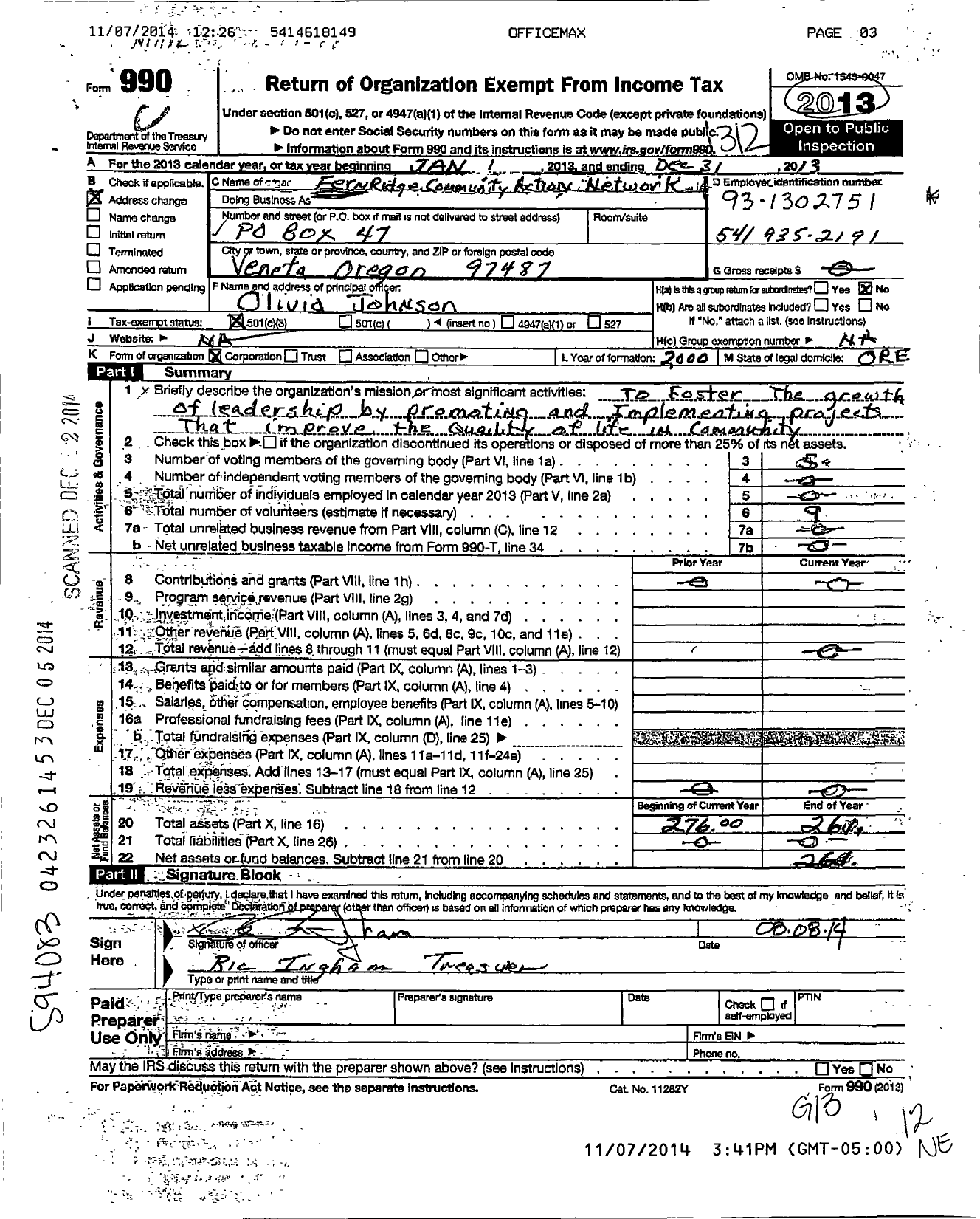 Image of first page of 2013 Form 990 for Fern Ridge Community Partnership