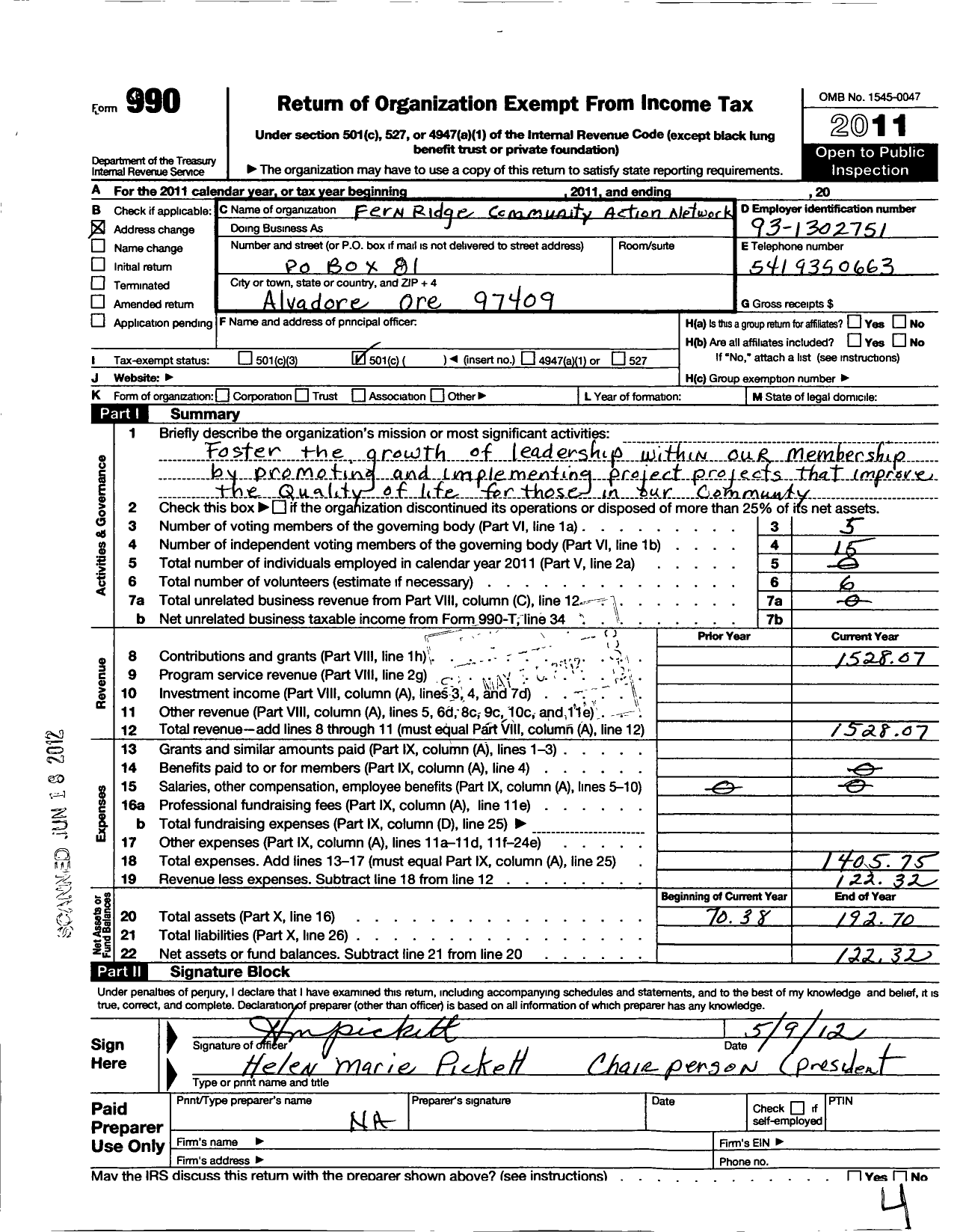 Image of first page of 2011 Form 990O for Fern Ridge Community Partnership