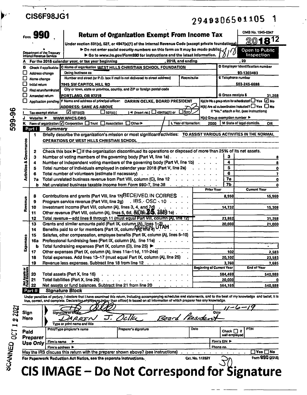 Image of first page of 2018 Form 990 for West Hills Christian School Foundation