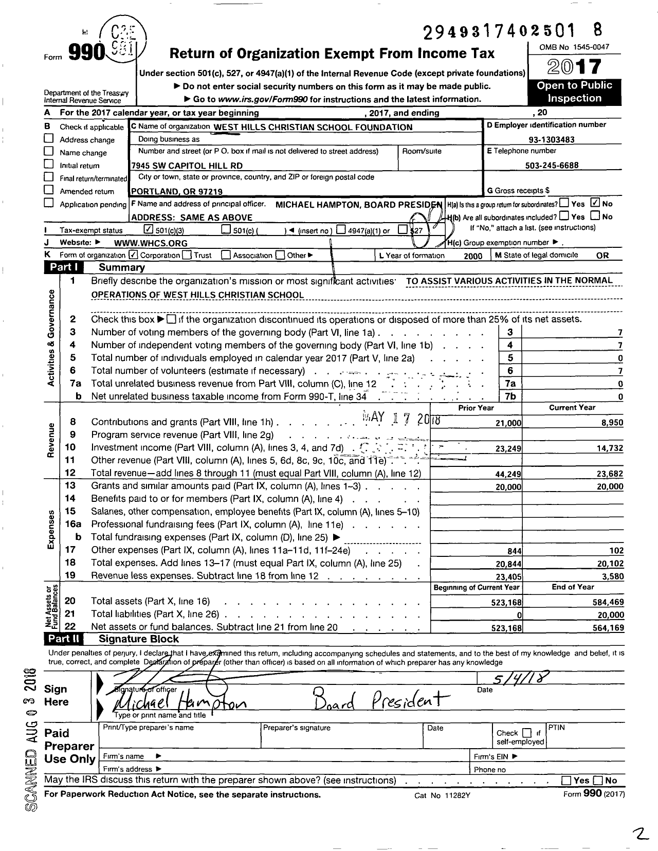 Image of first page of 2017 Form 990 for West Hills Christian School Foundation