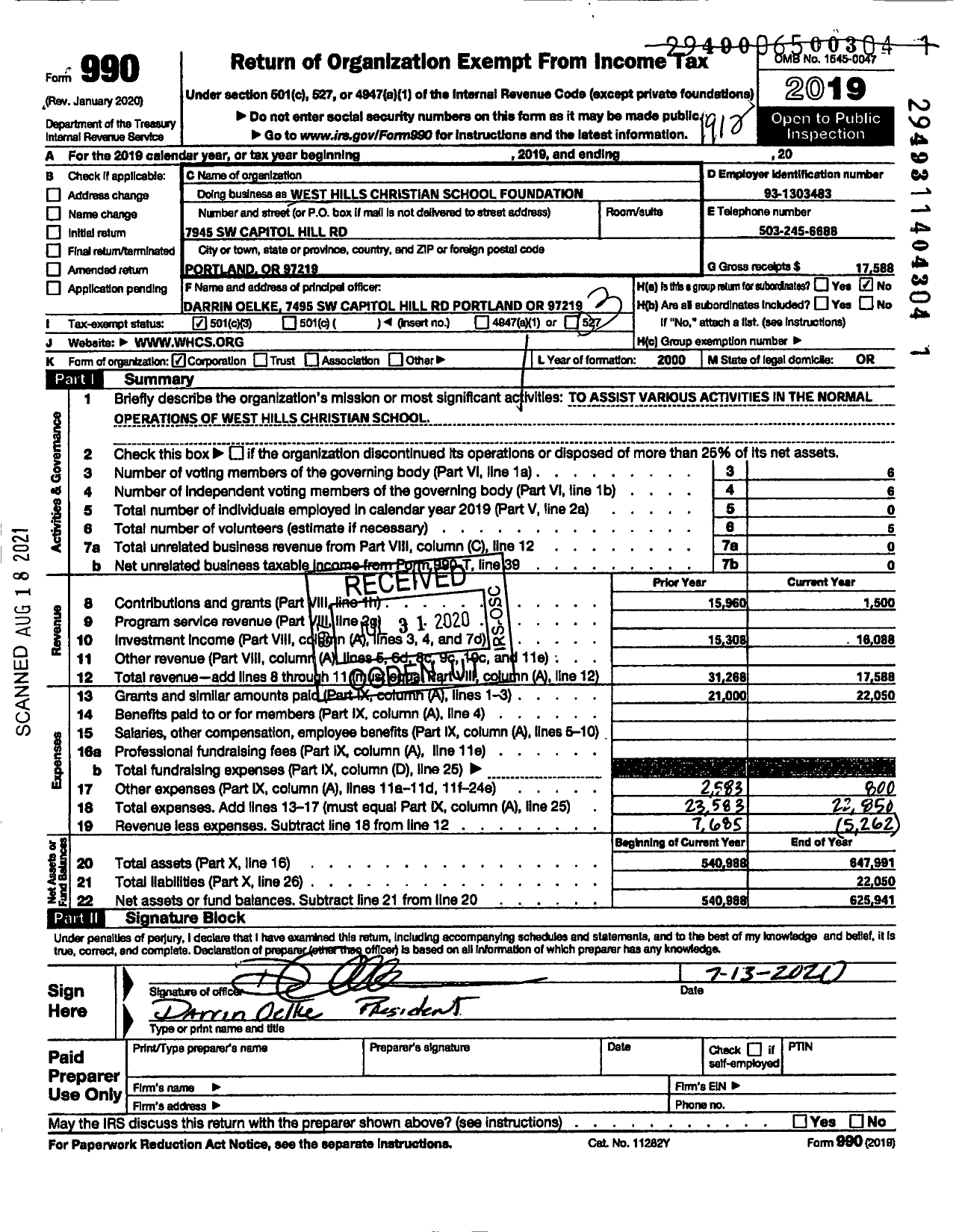 Image of first page of 2019 Form 990 for West Hills Christian School Foundation