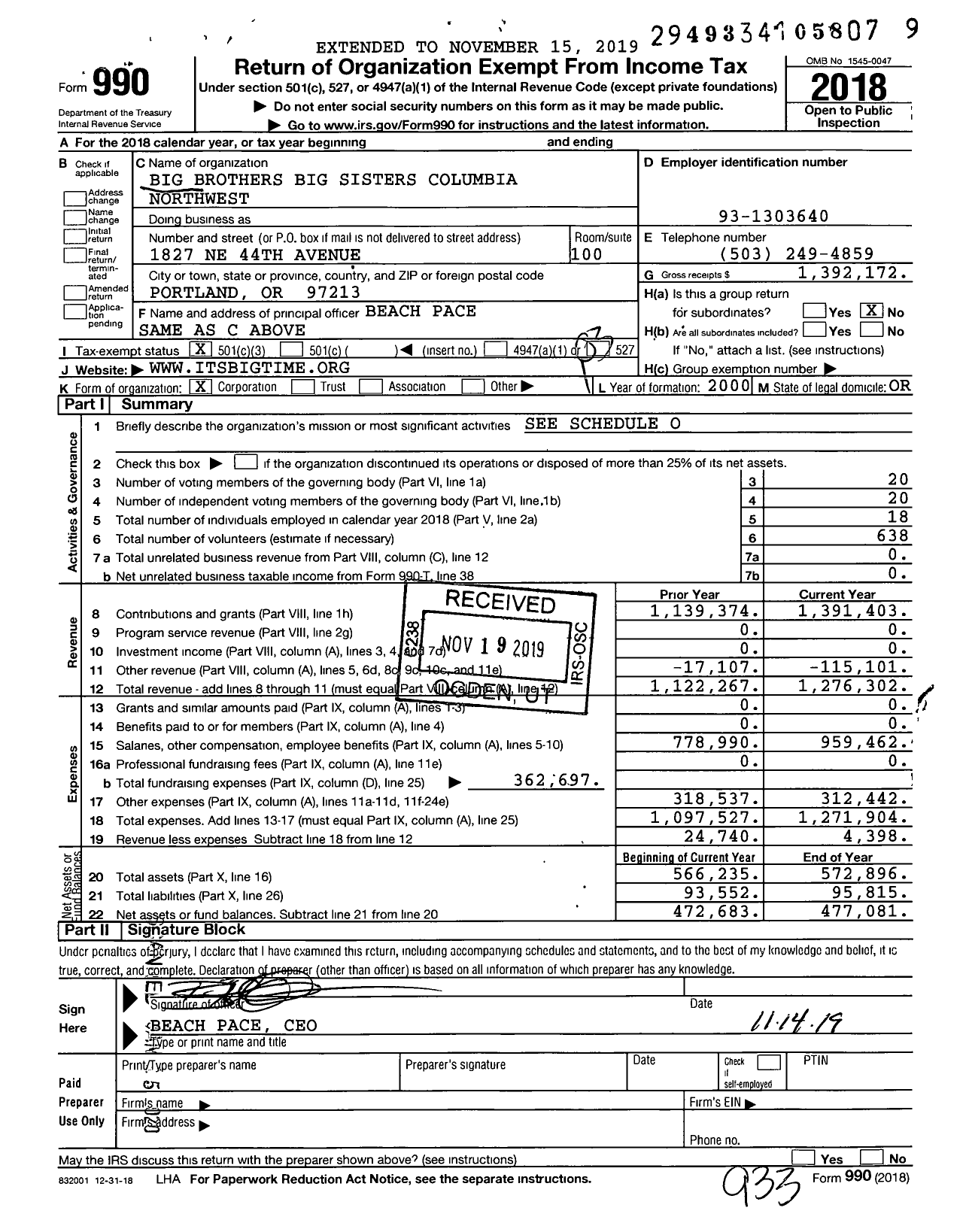 Image of first page of 2018 Form 990 for Big Brothers Big Sisters Columbia Northwest