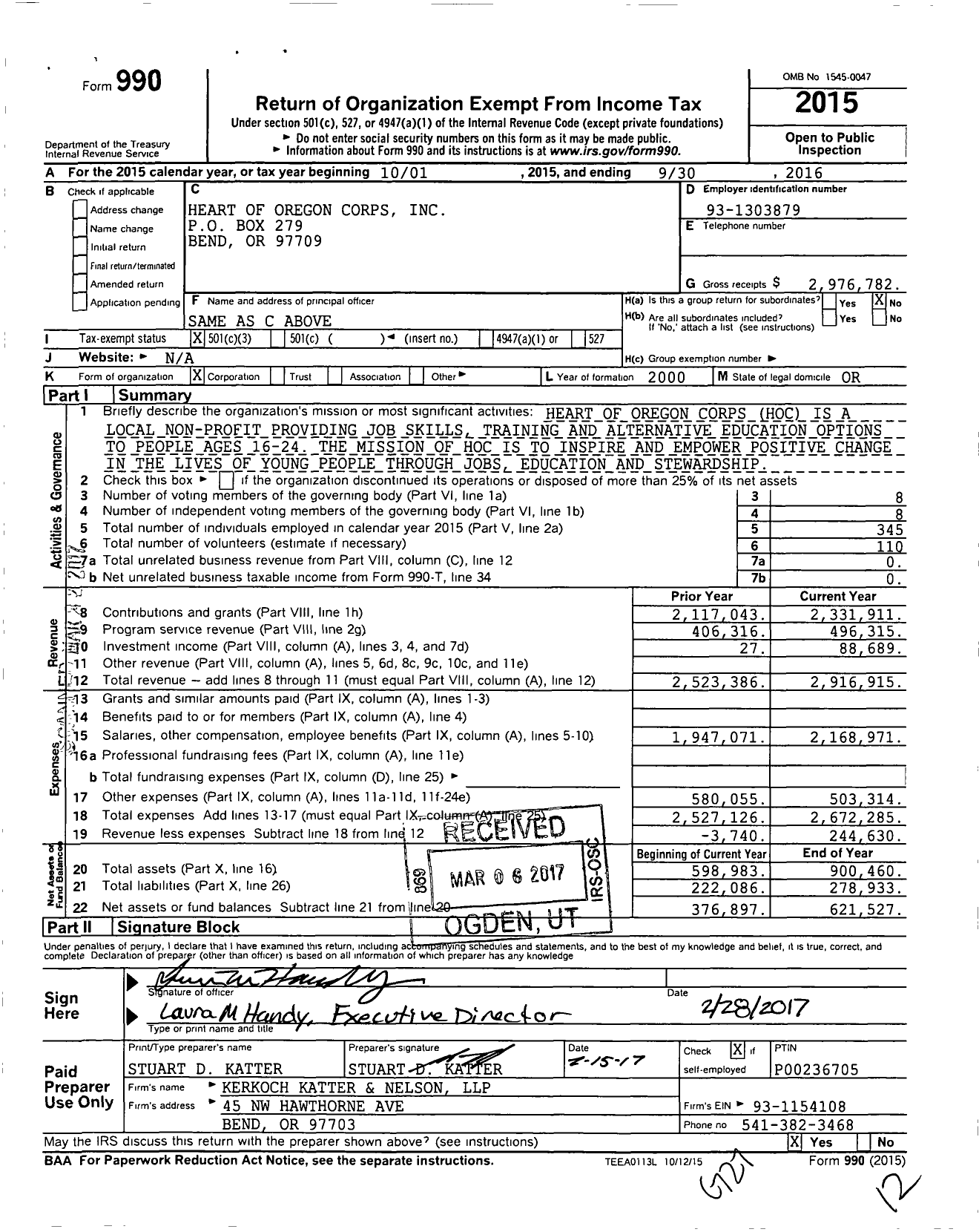 Image of first page of 2015 Form 990 for Heart of Oregon Corps (HOC)