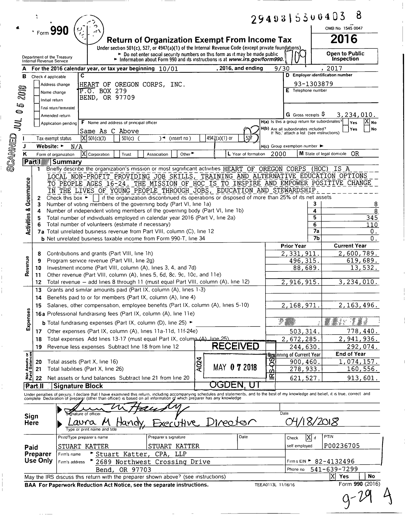 Image of first page of 2016 Form 990 for Heart of Oregon Corps (HOC)