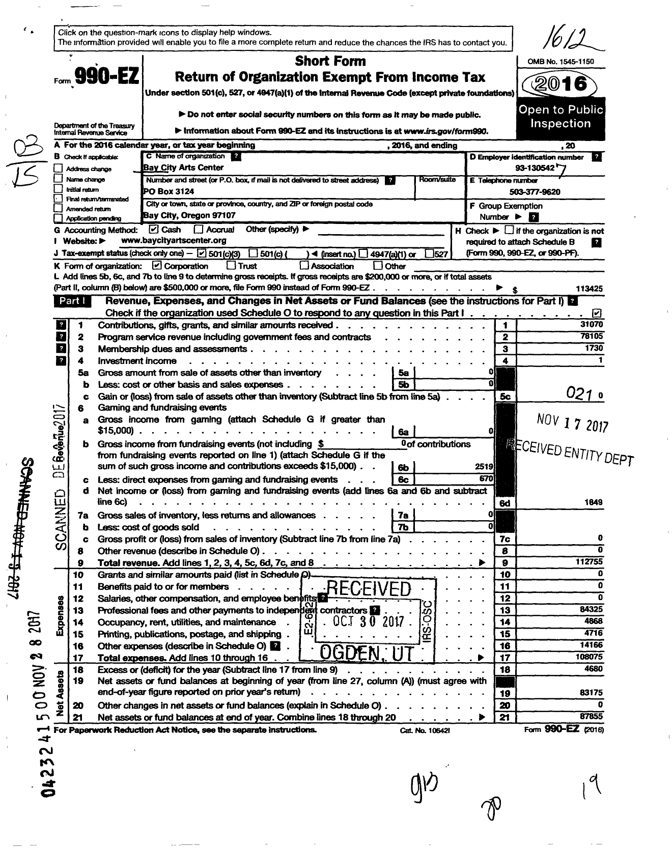 Image of first page of 2016 Form 990EZ for Bay City Arts Center