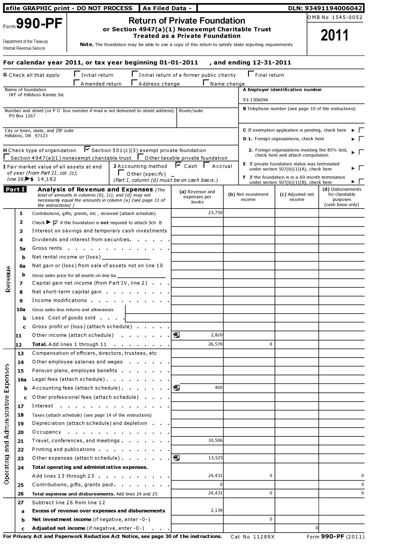 Image of first page of 2011 Form 990PF for JKF of Hillsboro Karate