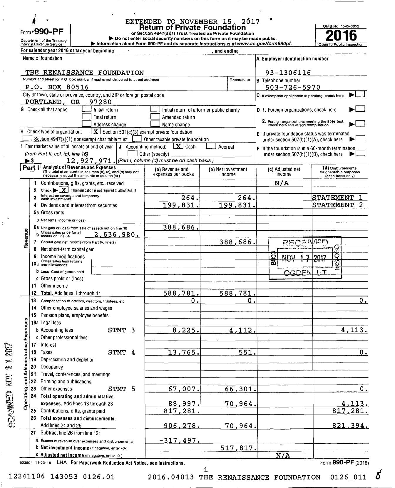 Image of first page of 2016 Form 990PF for The Renaissance Foundation