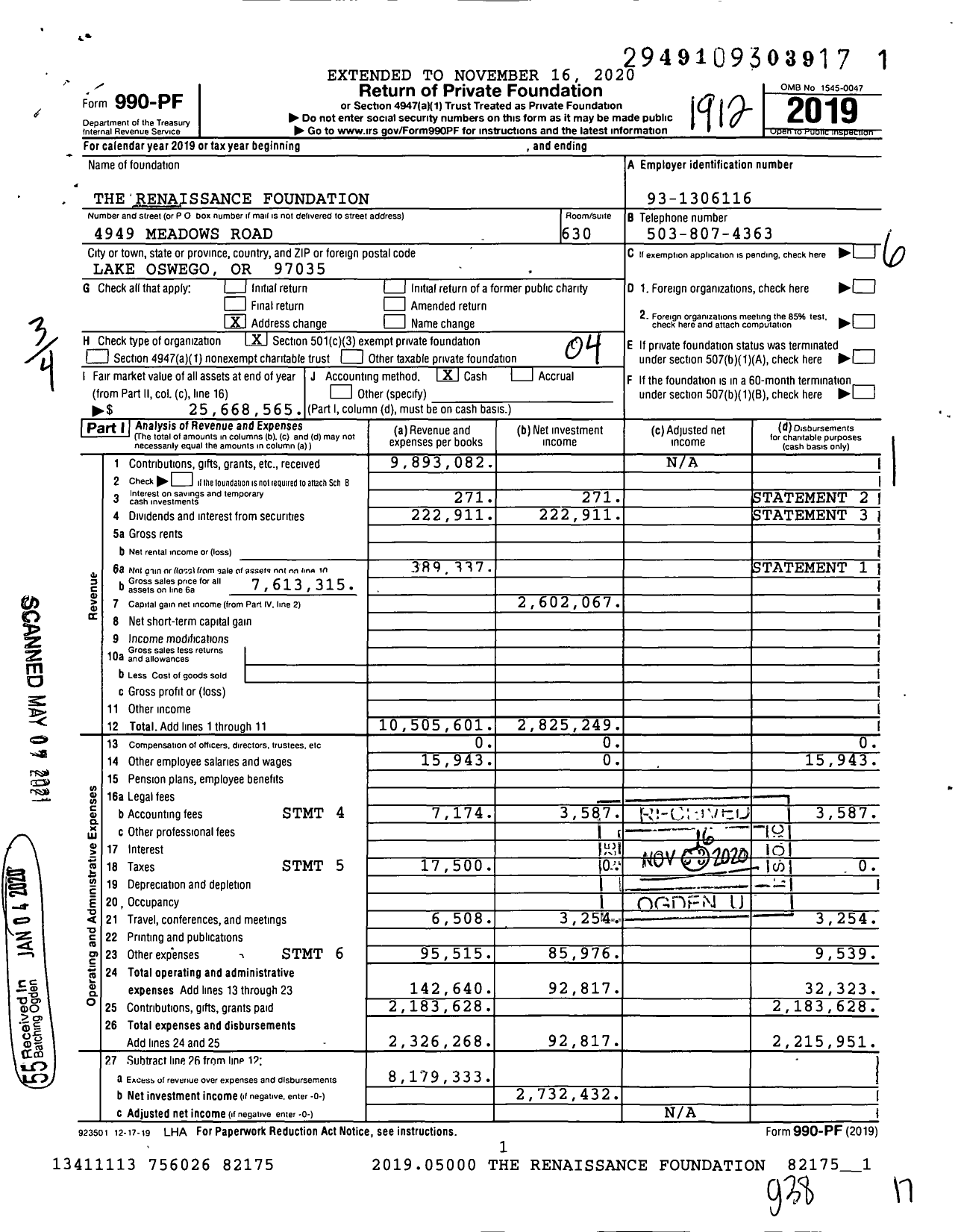 Image of first page of 2019 Form 990PF for The Renaissance Foundation